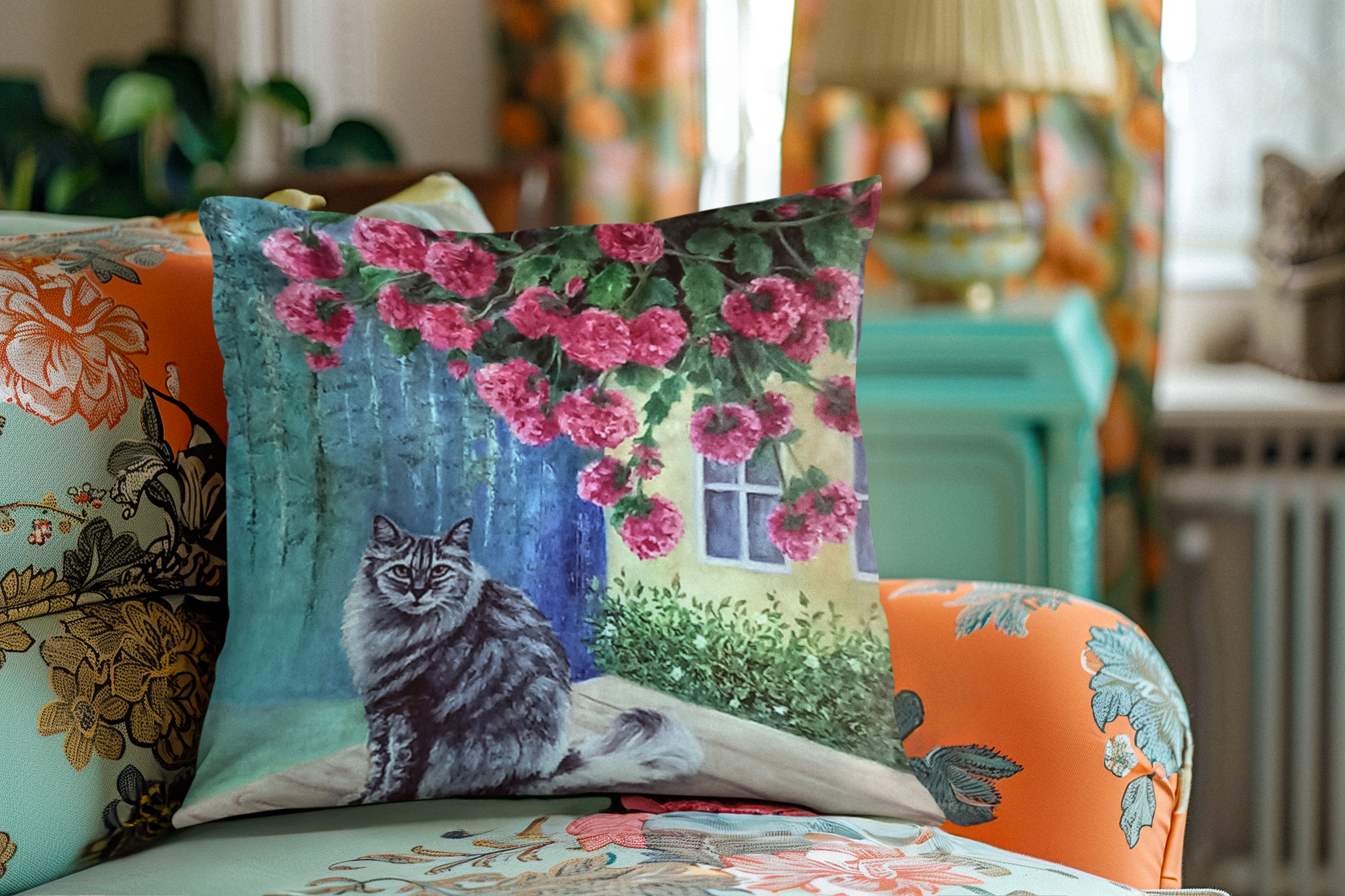 Cozy Cat & Pink Geraniums Throw Pillow