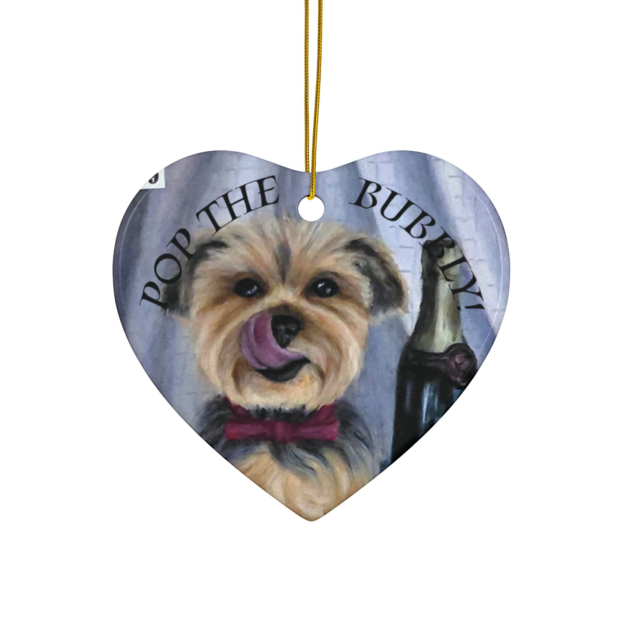Yorkie 'Pop the Bubbly' Ceramic Ornament – Double-Sided New Year Dog Keepsake