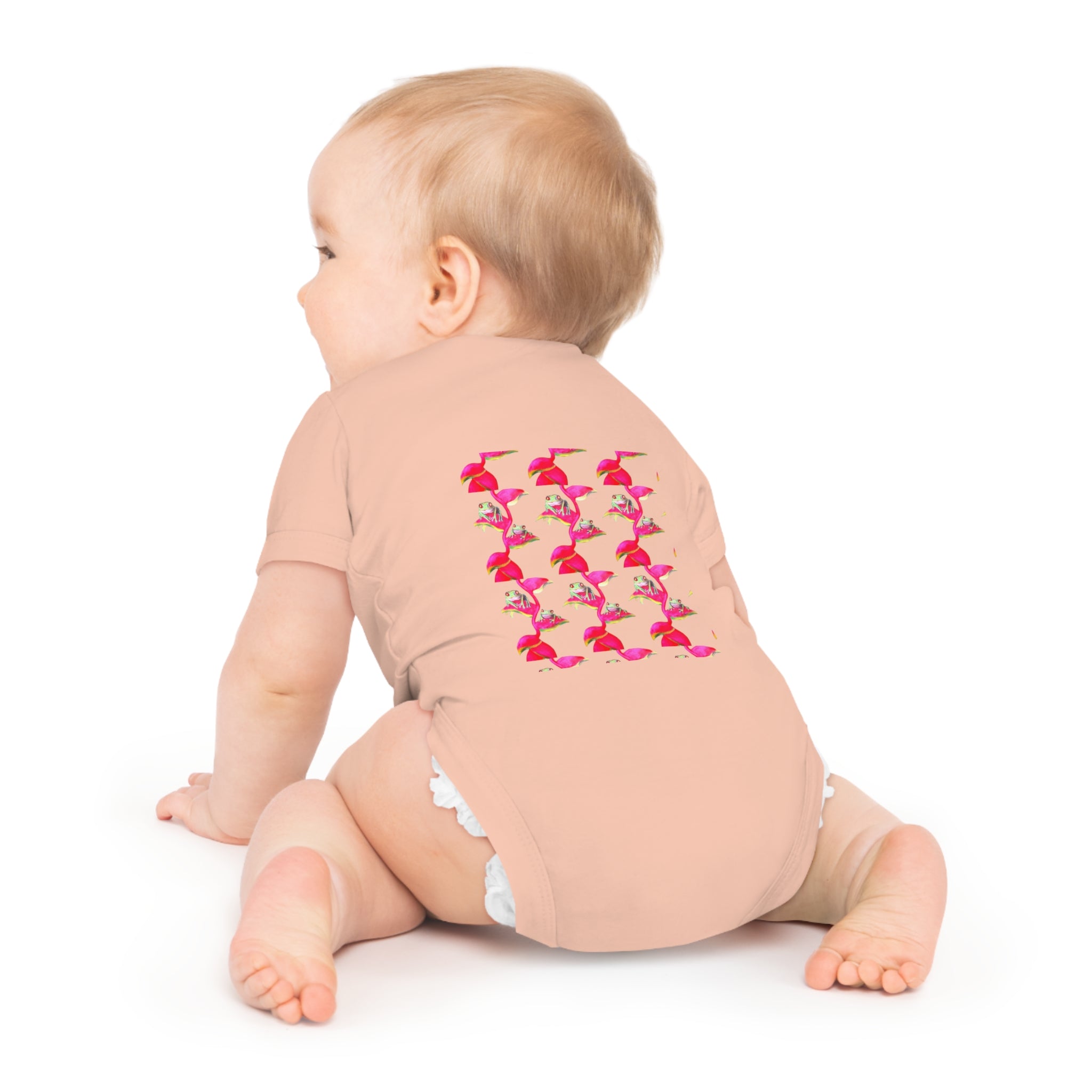 Cute Baby Bodysuit adorned with Tiny Tropical Frogs