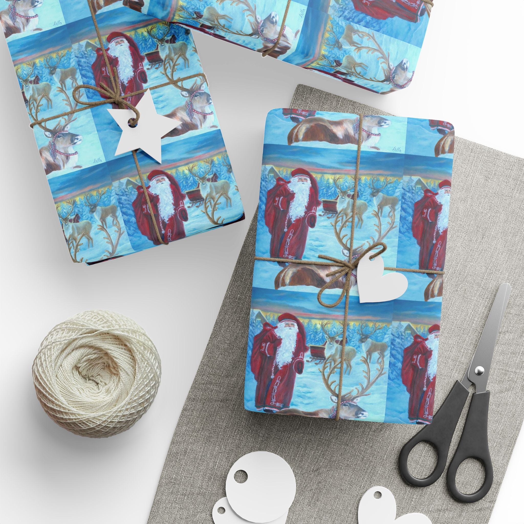 Holiday Wrapping Paper - Vintage Santa and Reindeer at the North Pole - Matte or Glossy Finish
