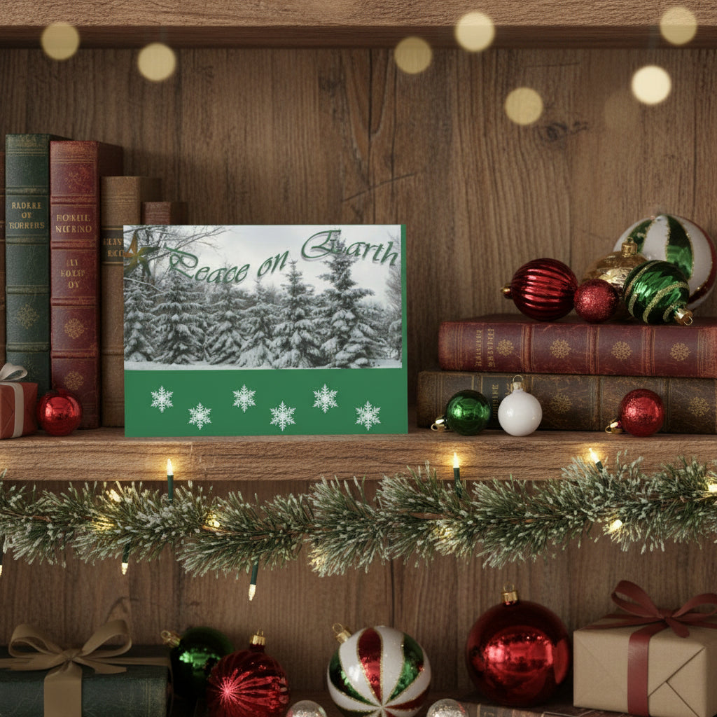 Peace on Earth Holiday Greeting Cards in a Snowy Pine Forest (Pack of 1/10/30/50)