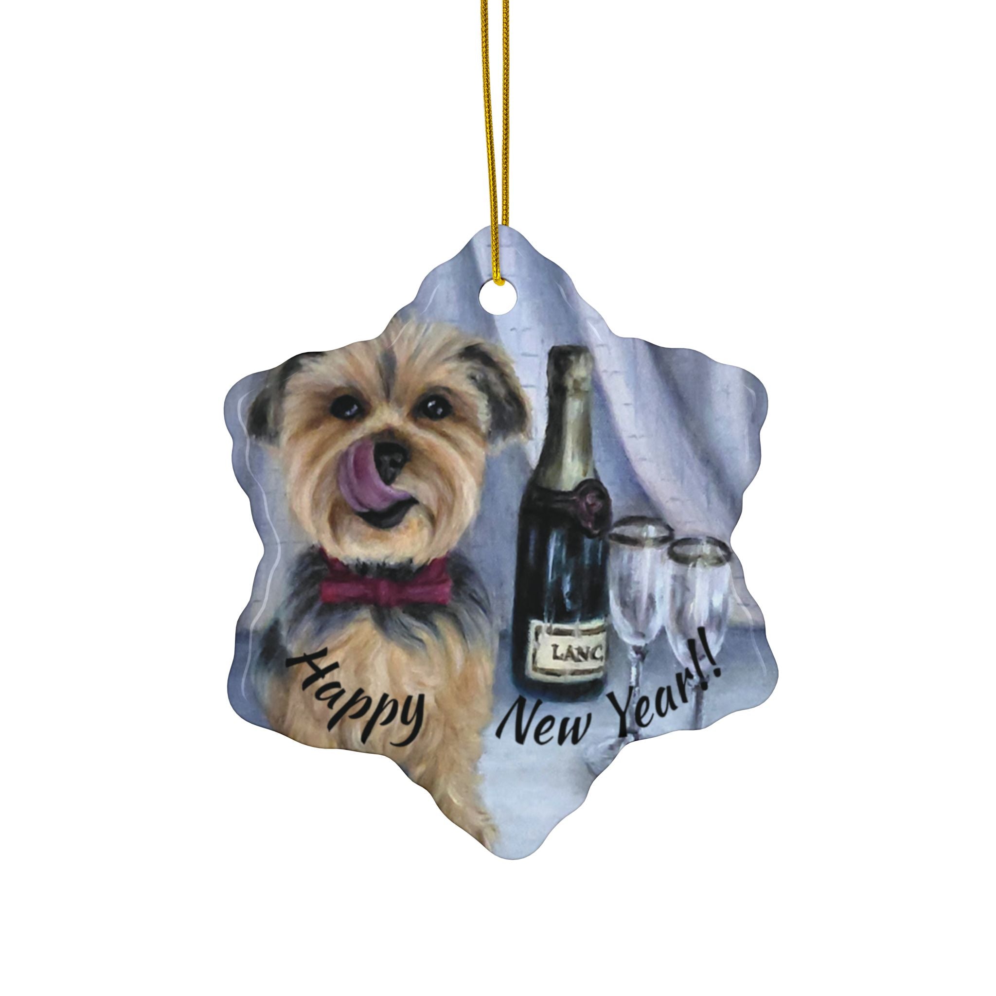 Yorkie 'Pop the Bubbly' Ceramic Ornament – Double-Sided New Year Dog Keepsake