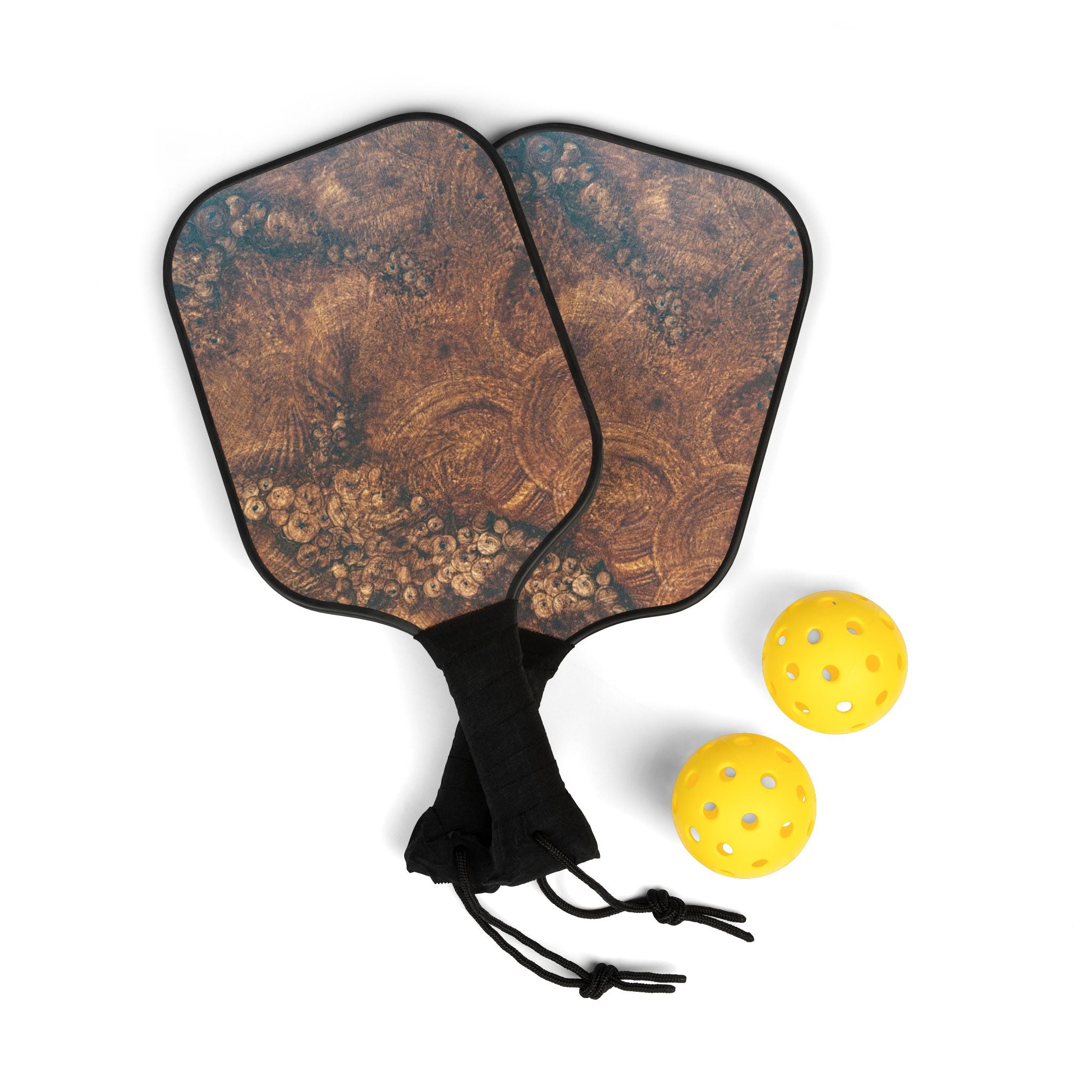 Burl Wood Pickleball Paddle Set painted by Studio Blitz