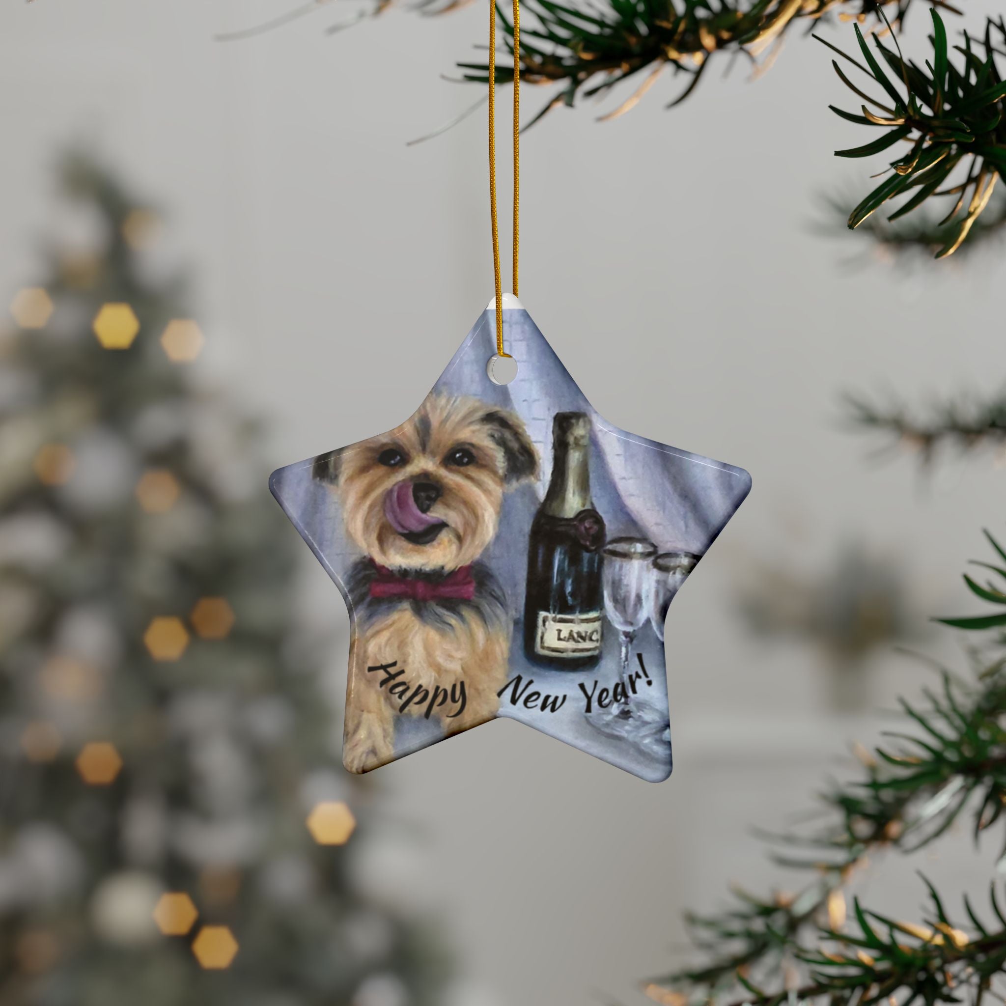 Yorkie 'Pop the Bubbly' Ceramic Ornament – Double-Sided New Year Dog Keepsake