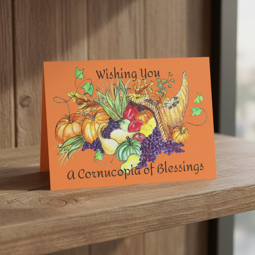 Greeting card with autumn-themed illustration and text on an orange background