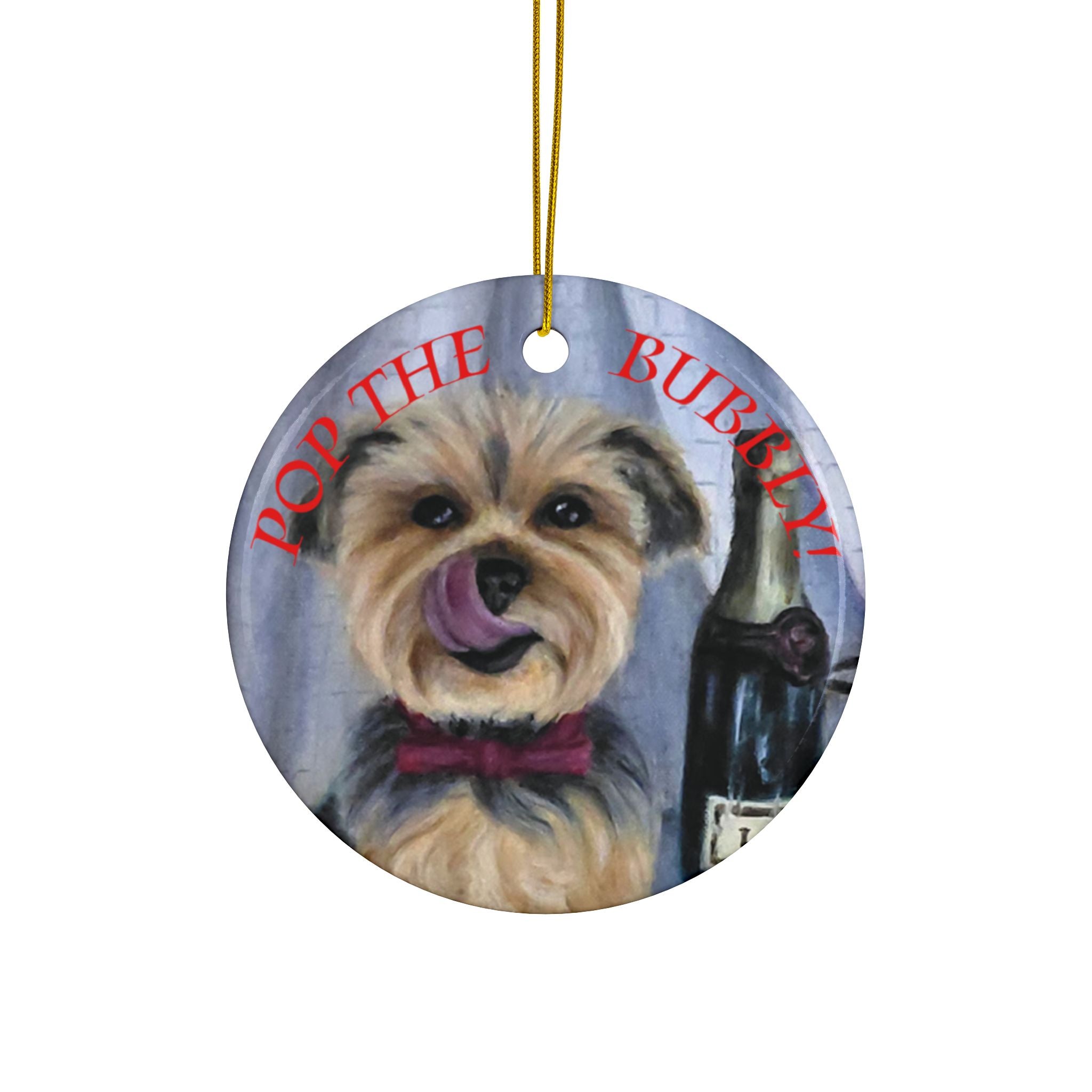 Yorkie 'Pop the Bubbly' Ceramic Ornament – Double-Sided New Year Dog Keepsake
