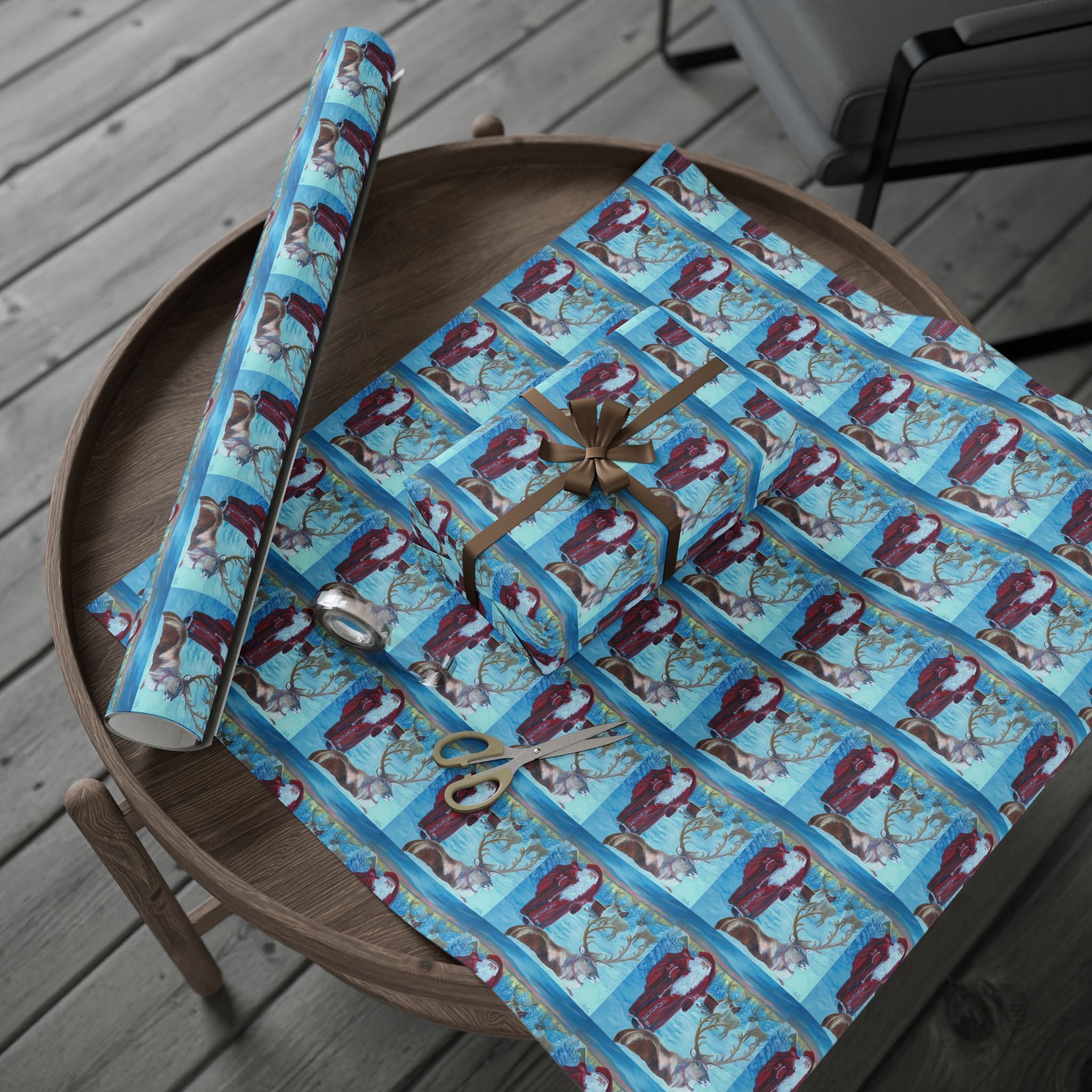 Holiday Wrapping Paper - Vintage Santa and Reindeer at the North Pole - Matte or Glossy Finish