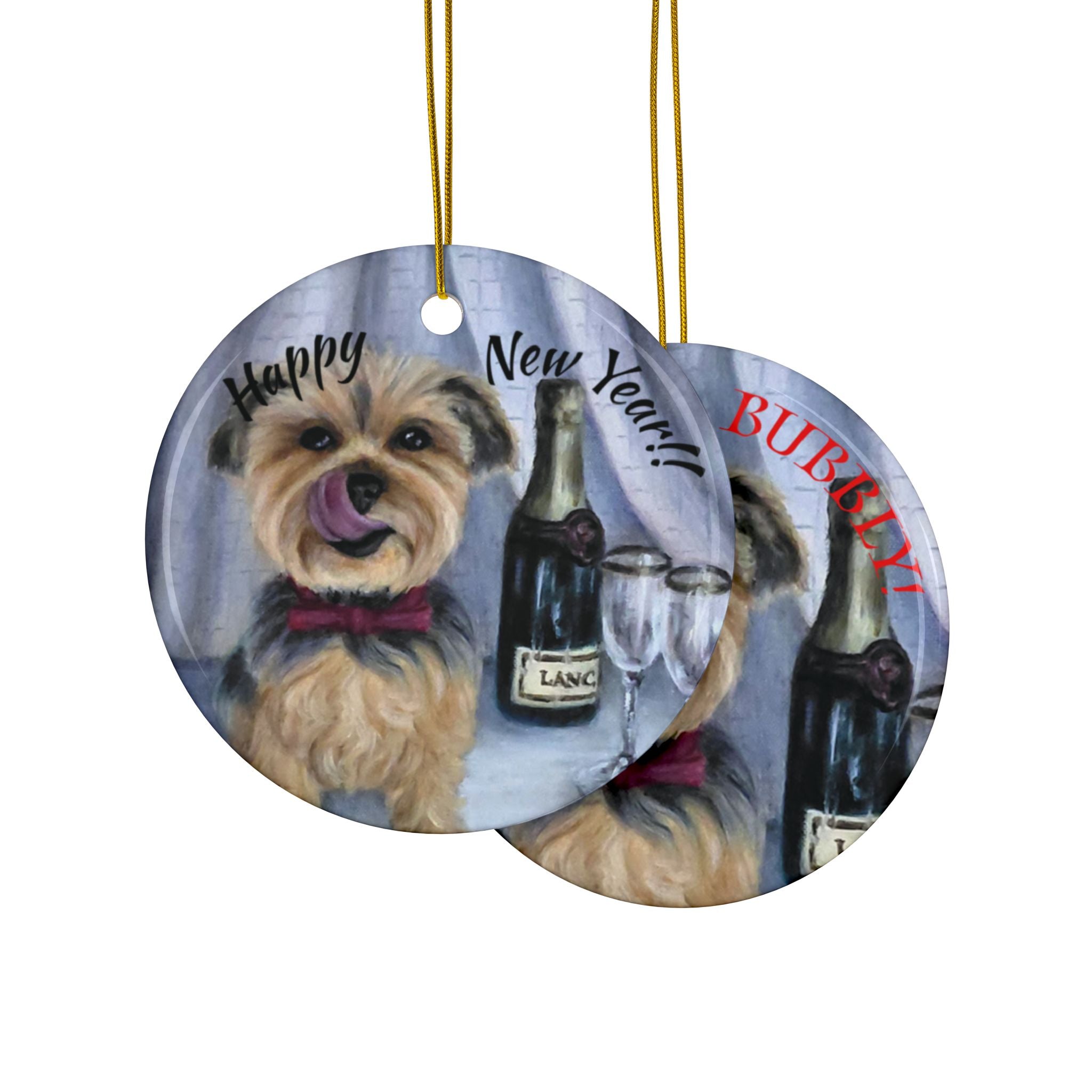 Yorkie 'Pop the Bubbly' Ceramic Ornament – Double-Sided New Year Dog Keepsake