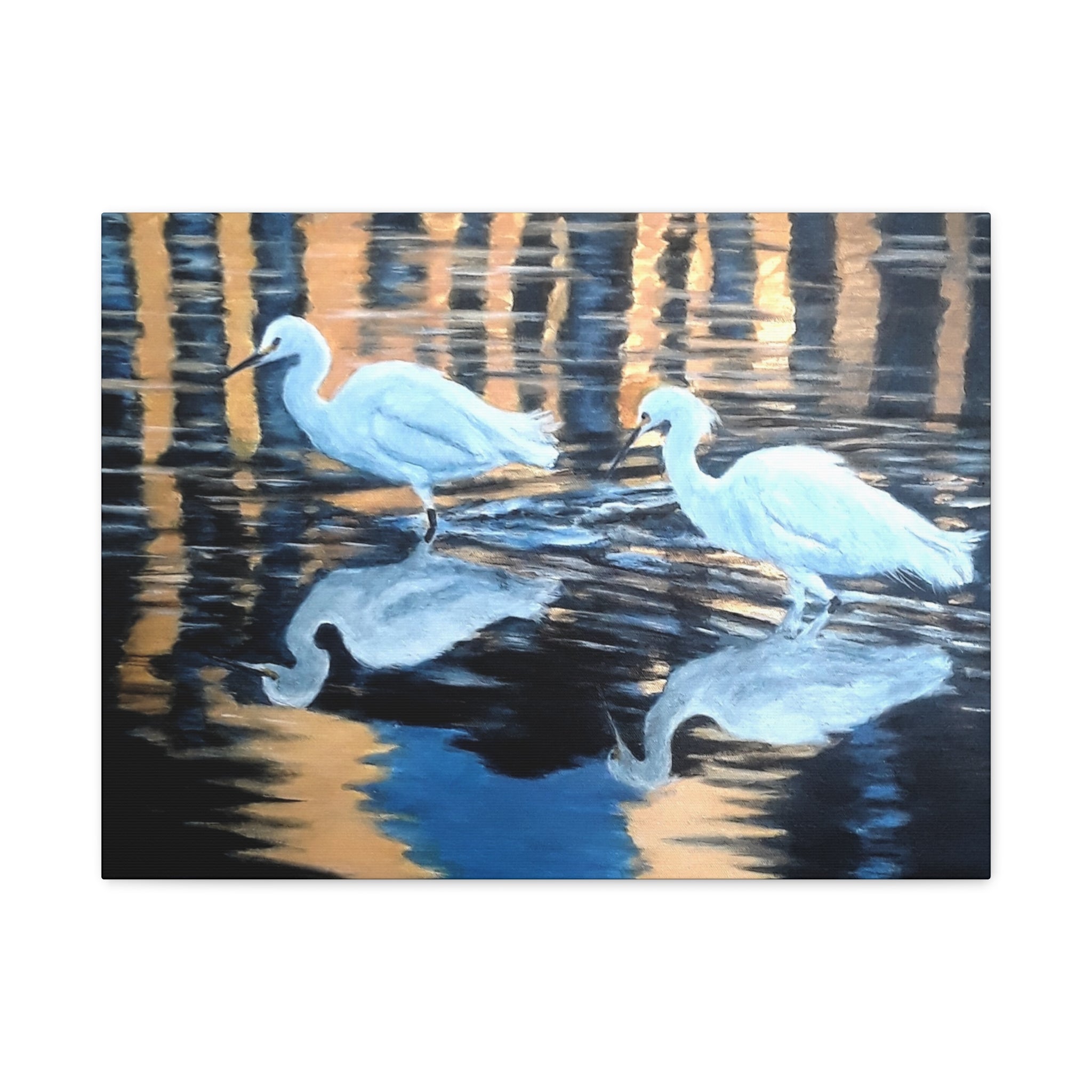 Egrets Reflections at Dusk Painted by Studio Blitz Canvas Wall Decor