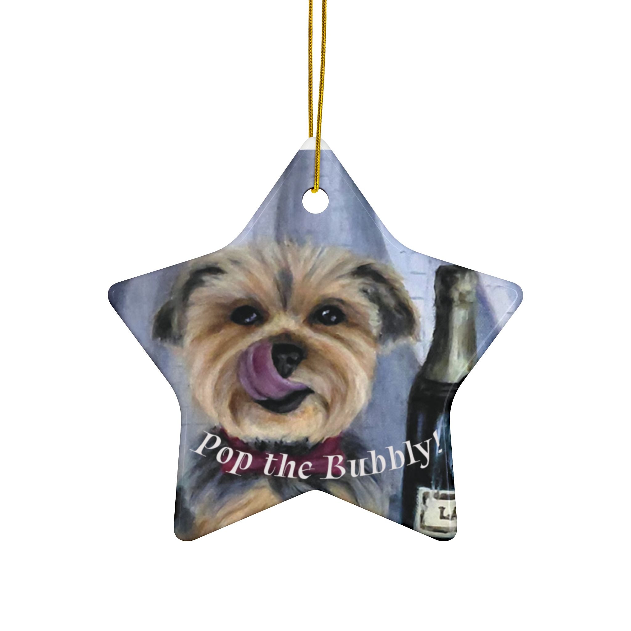 Yorkie 'Pop the Bubbly' Ceramic Ornament – Double-Sided New Year Dog Keepsake