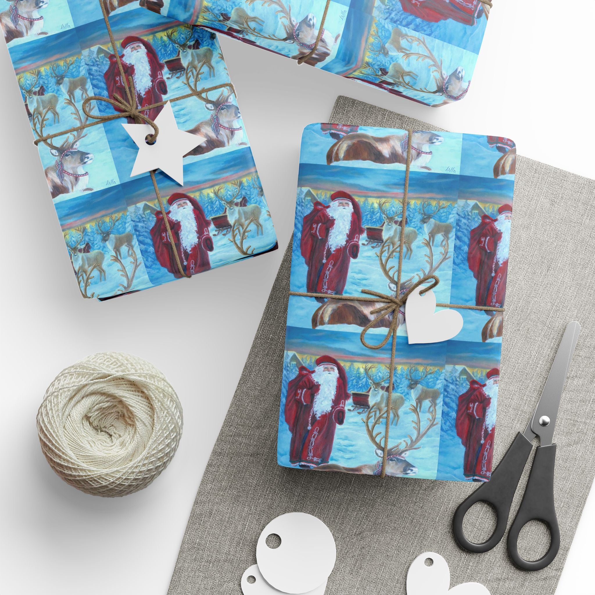 Holiday Wrapping Paper - Vintage Santa and Reindeer at the North Pole - Matte or Glossy Finish