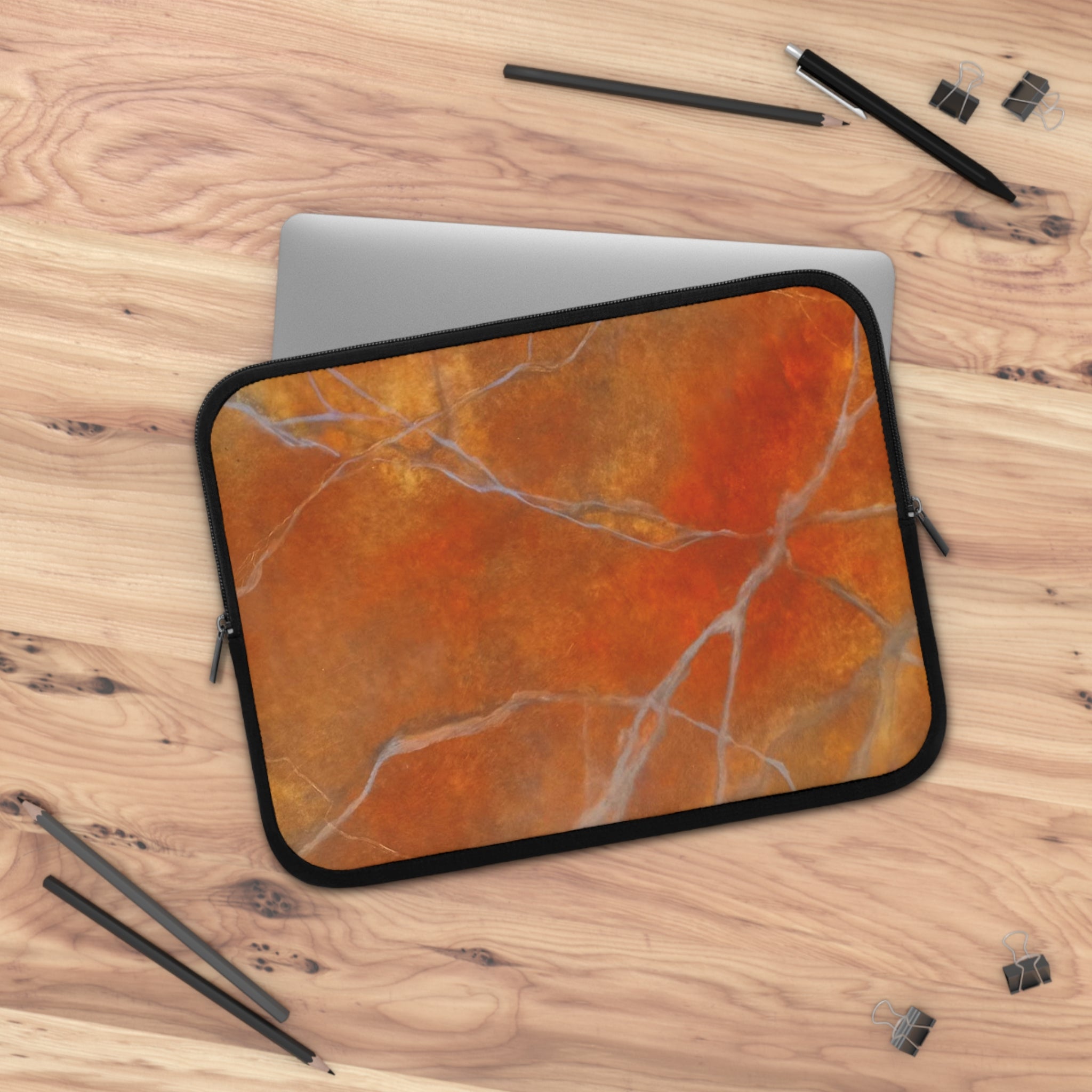 Stylish Laptop Sleeve in Red/Orange Modern Marble Design by Studio Blitz