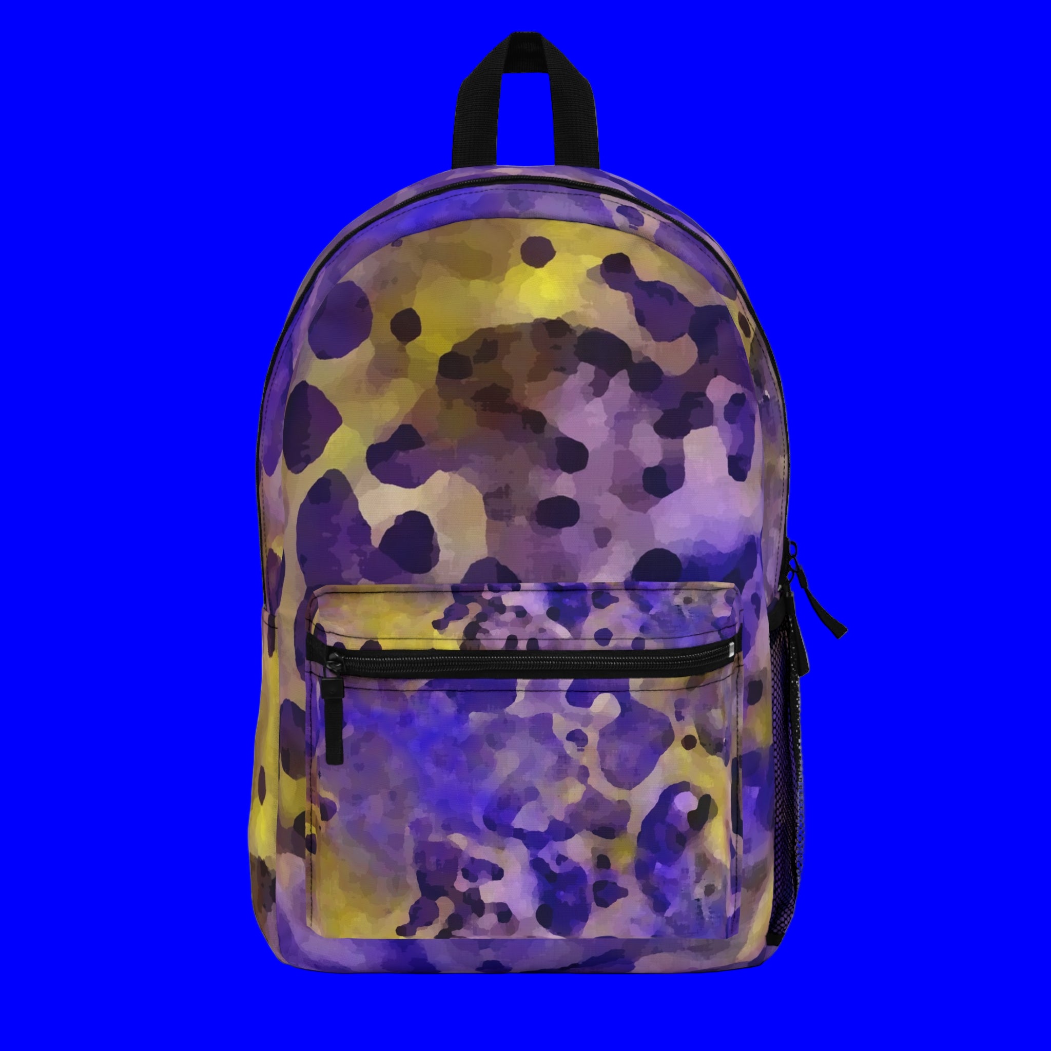 Backpack with purple and yellow abstract pattern on a white background