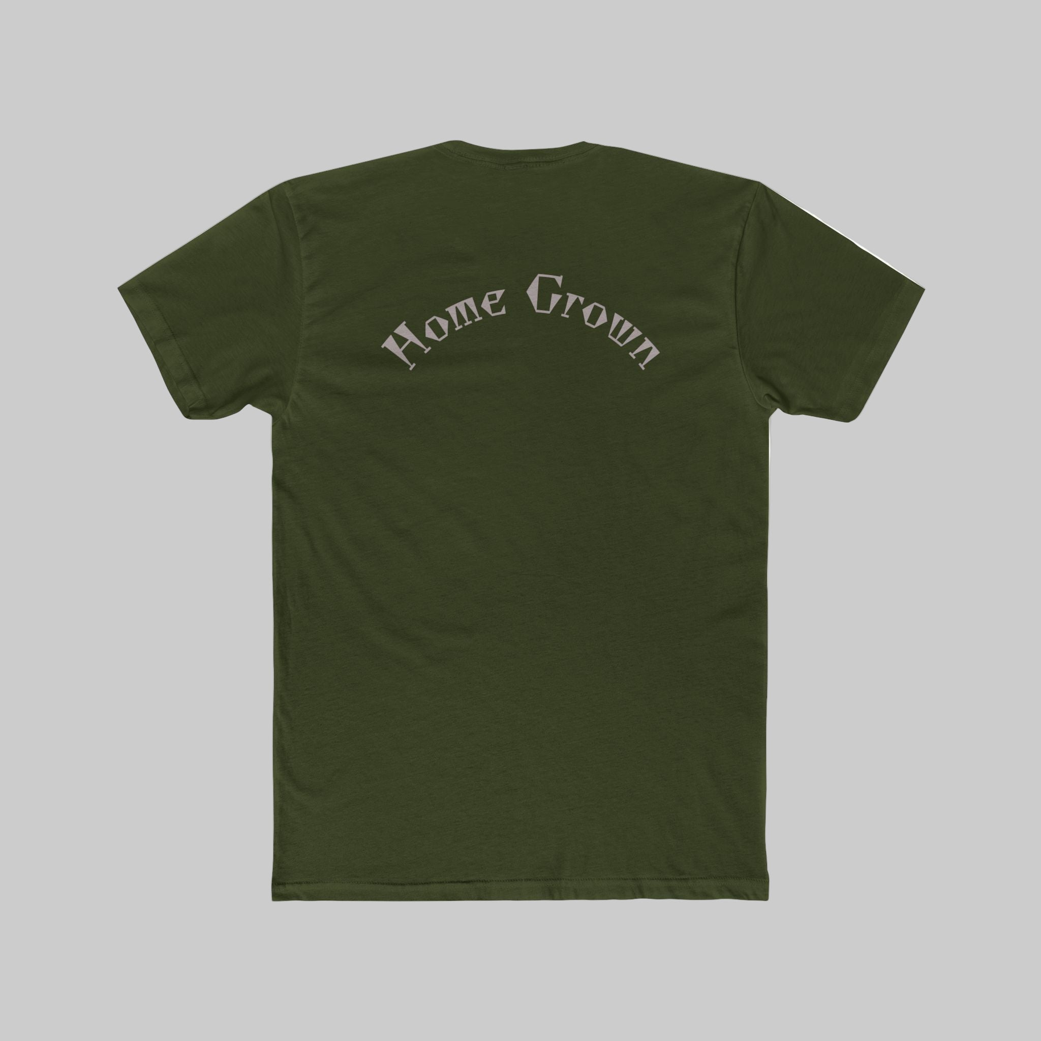 Green t-shirt with 'Home Grown' text on the back against a light background