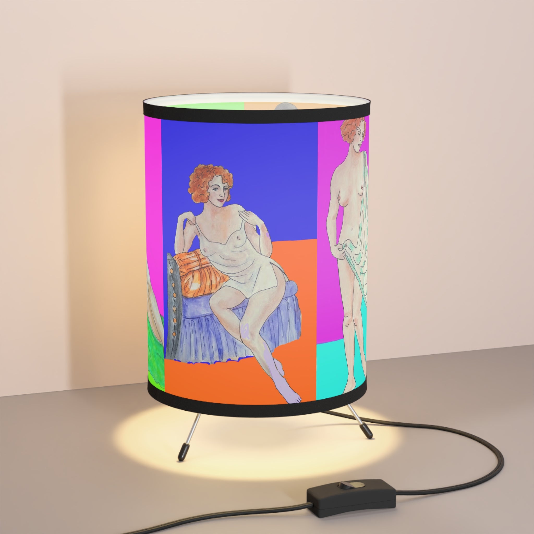 Table lamp with a colorful design featuring classical figures on a beige background