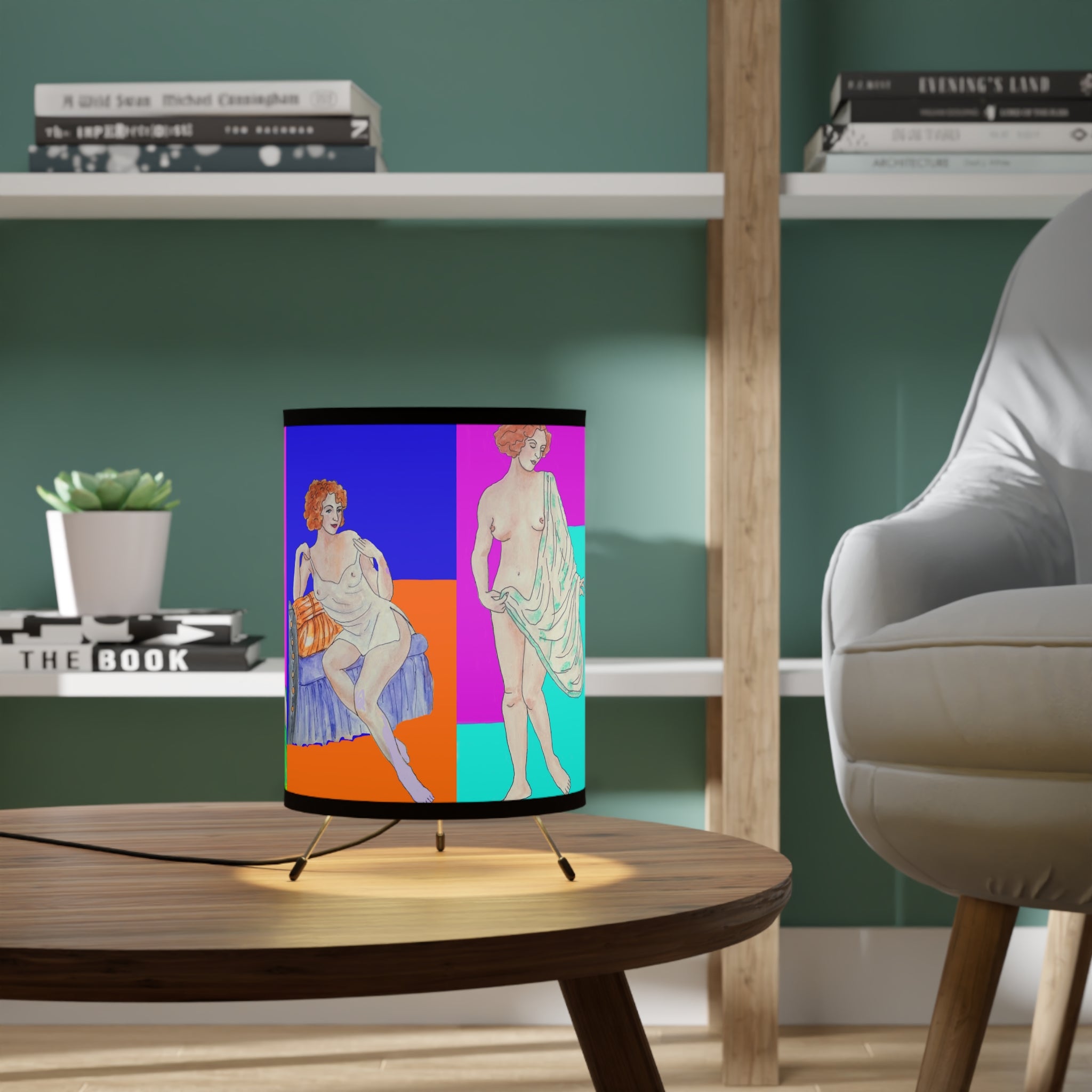 Colorful lamp with classical design on a wooden table in a room with books and a plant.