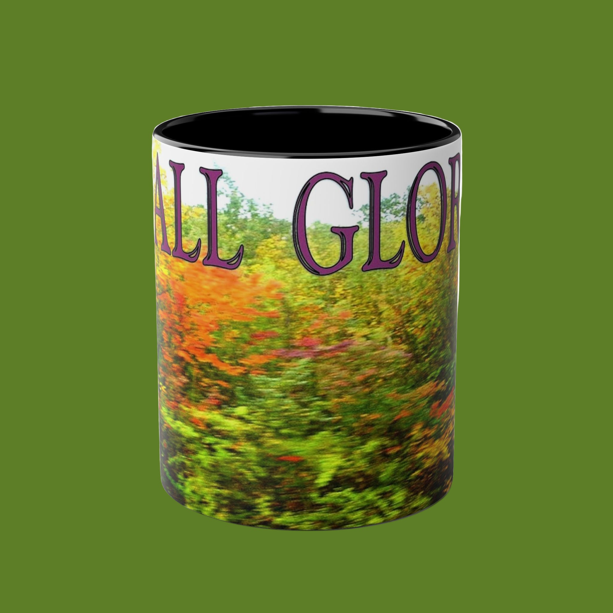 Mug with 'Fall Glory' text on Fall colorful landscape design on a background