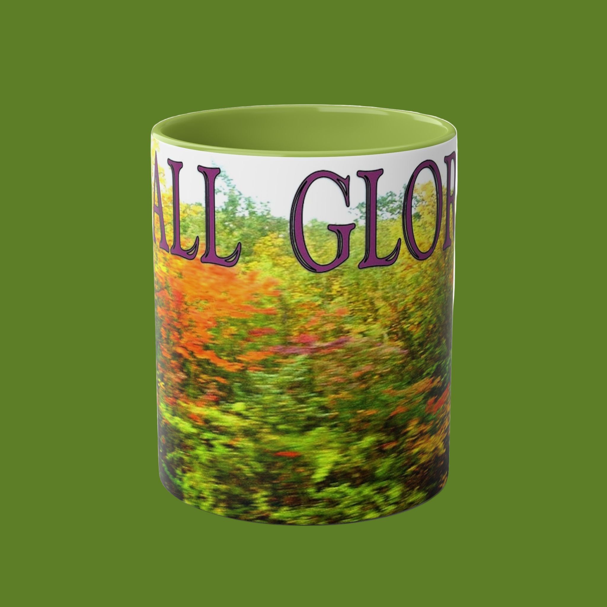 Mug with nature-themed design and 'FAll Glory' text on a GREEN background