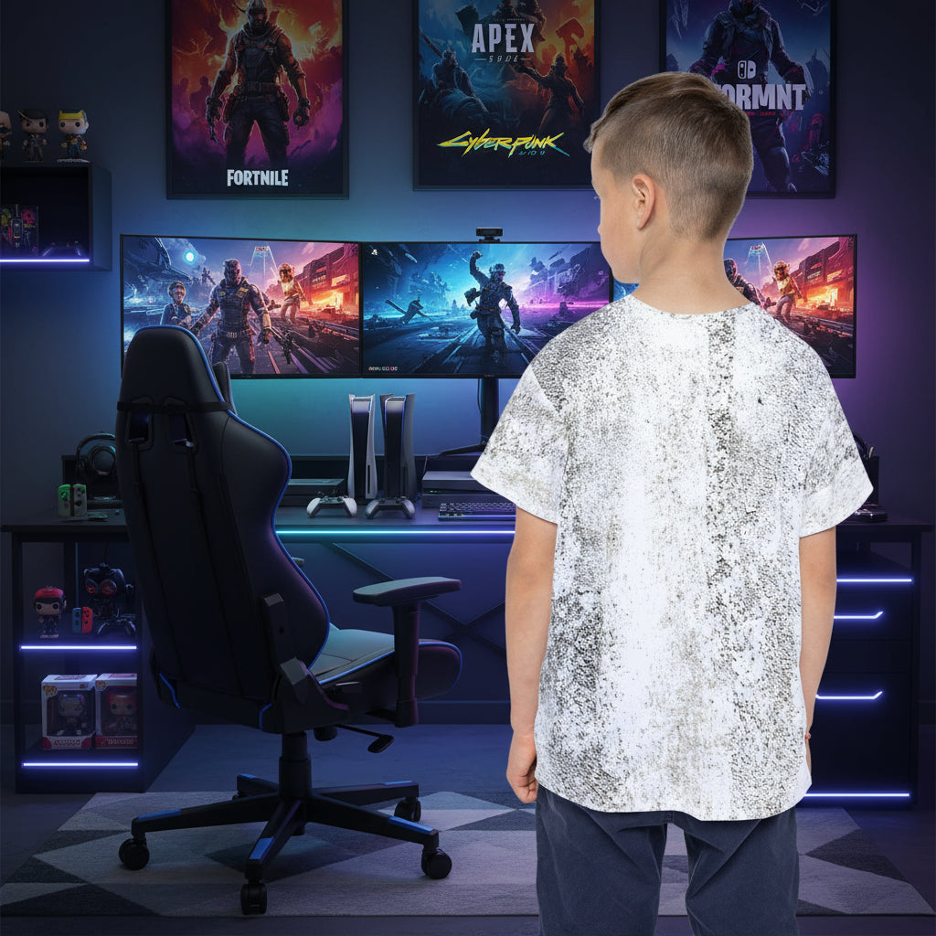 Child wearing a white/gray patterned shirt and dark pants on a white background