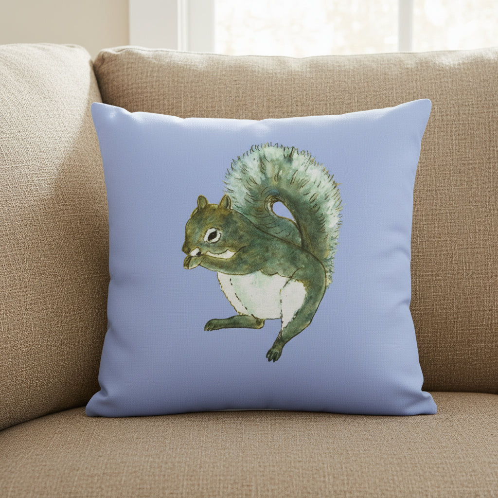 Pillow with a squirrel design on a light blue background