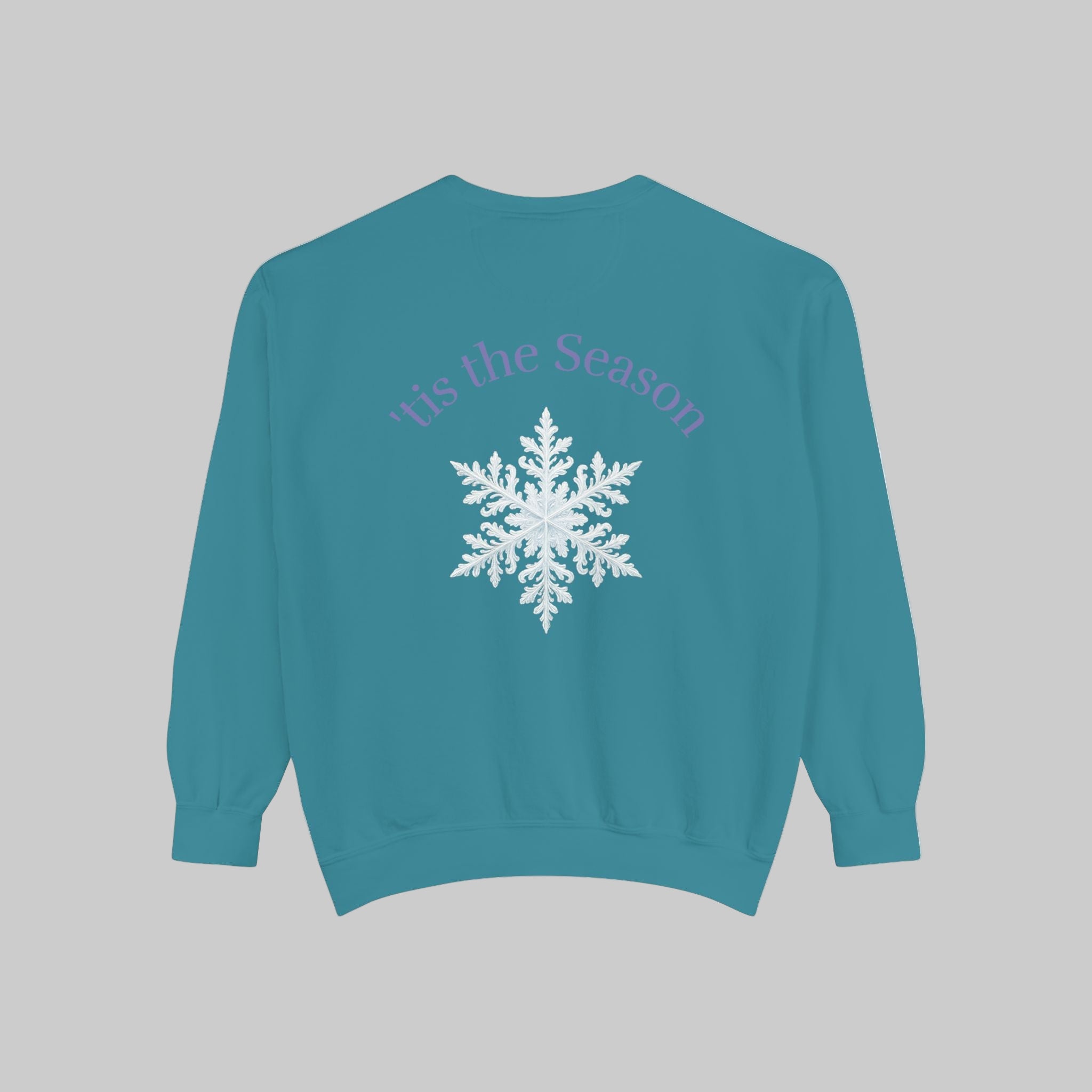 Teal sweatshirt with a snowflake and text design on the back against a light background