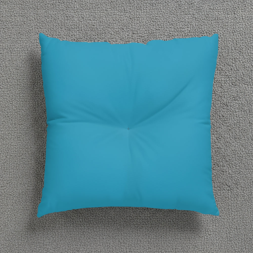 teal pillow back on a grey carpet