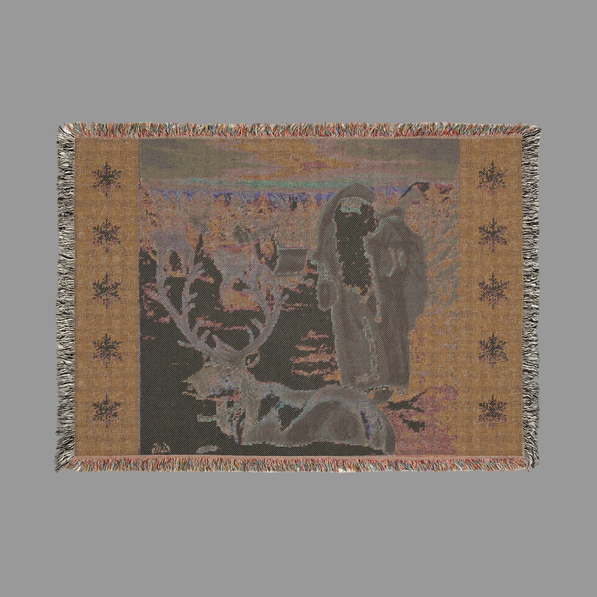 Back of Woven blanket with a design of a deer and trees on a beige background