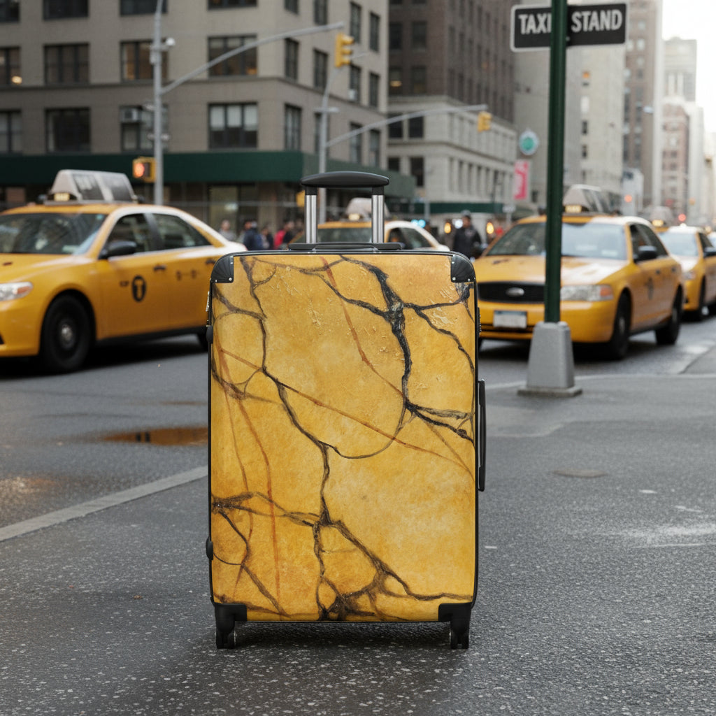 Marble-patterned suitcase  with taxis background