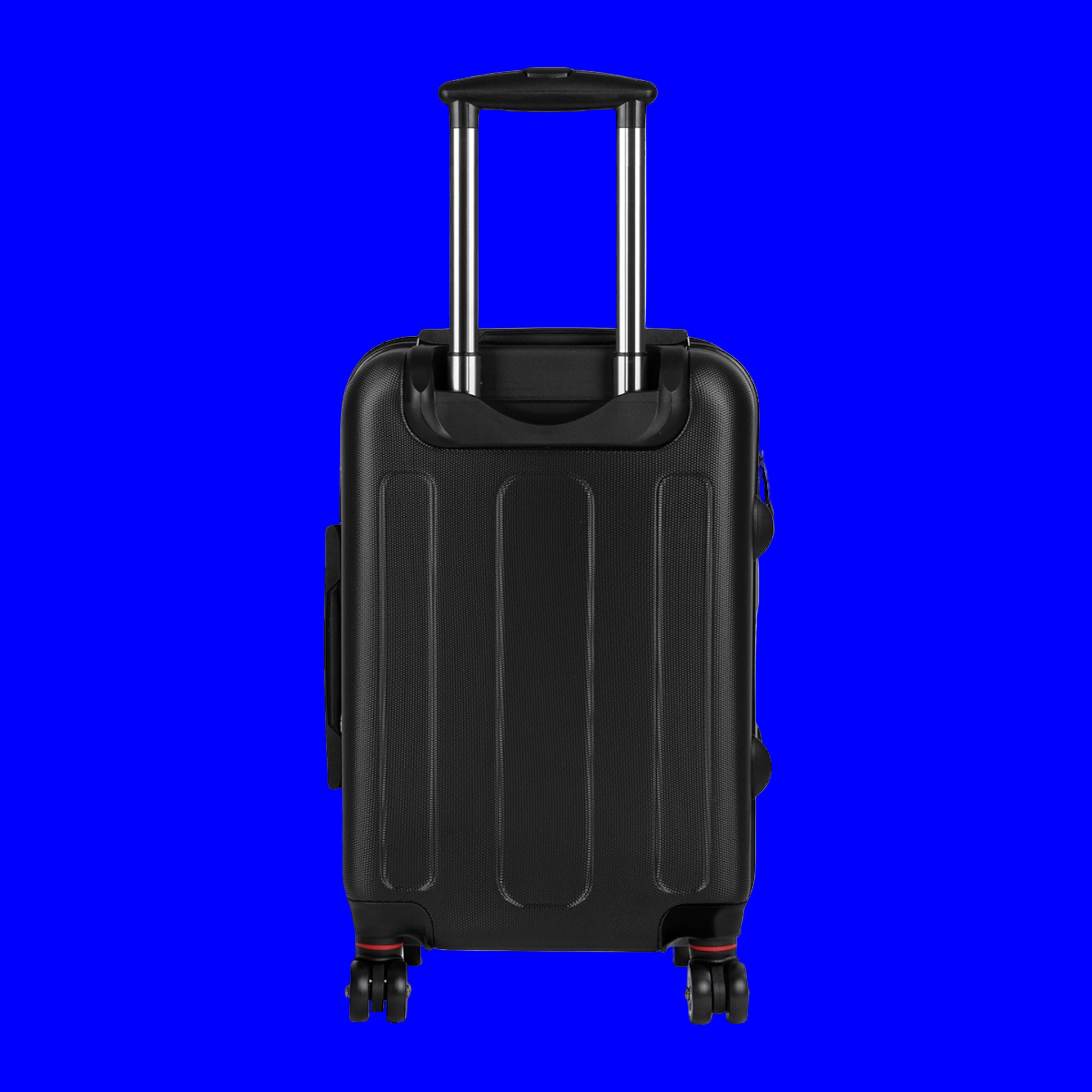 black back of luggage with blue background