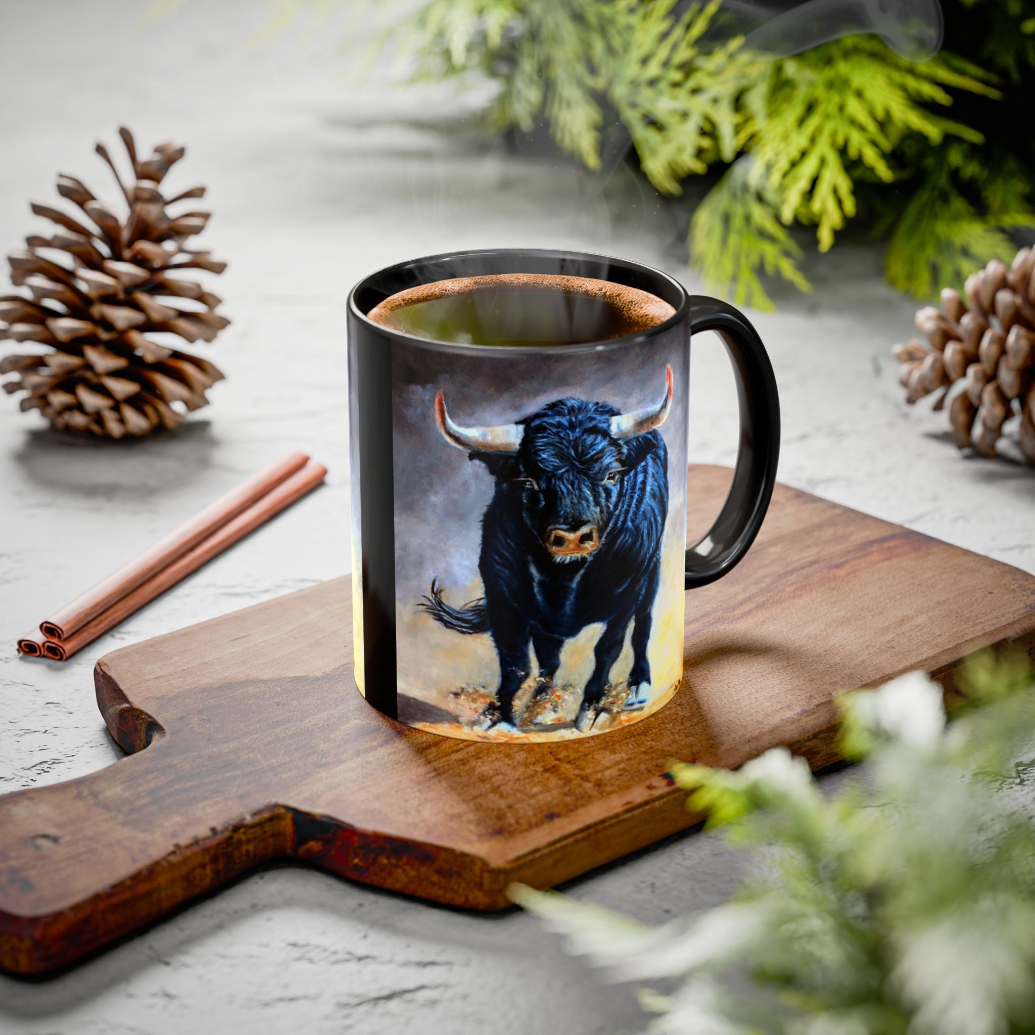 Mug with a bull design on a wooden board with decorative elements