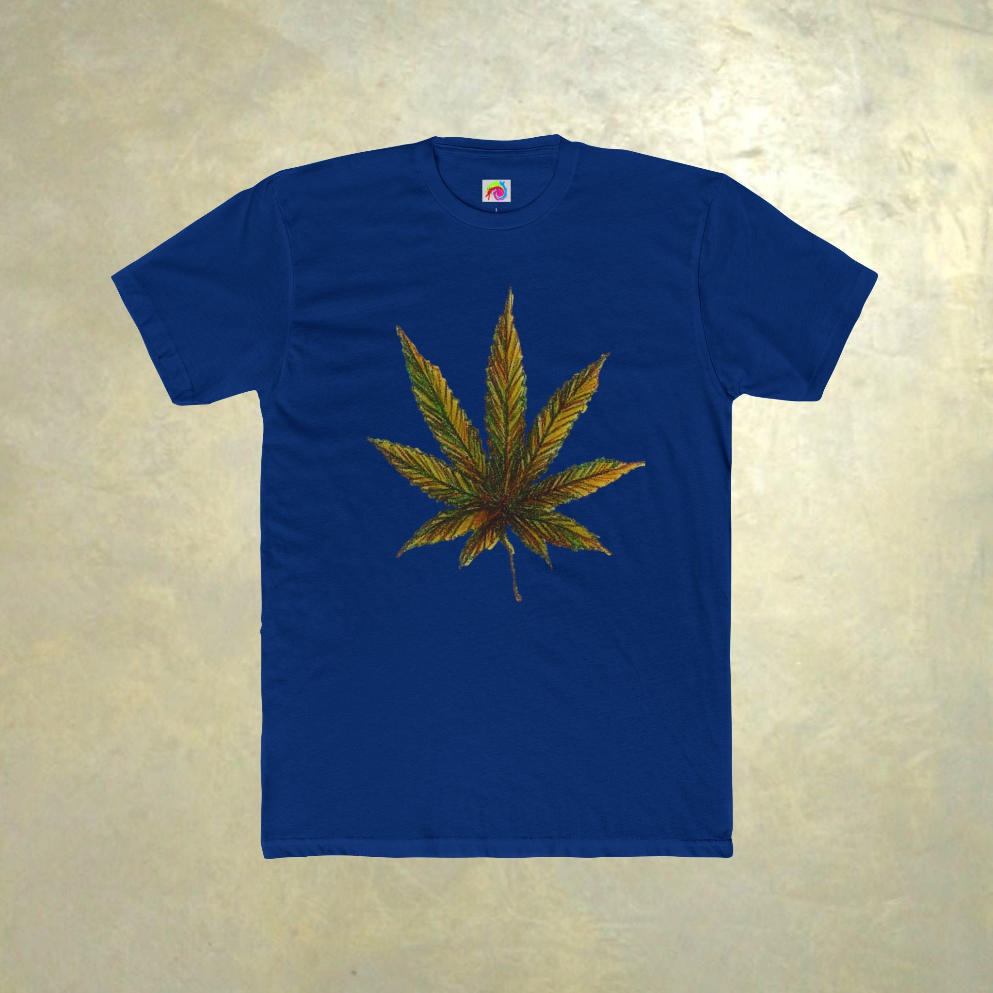 Blue t-shirt with a cannabis leaf design on a beige background