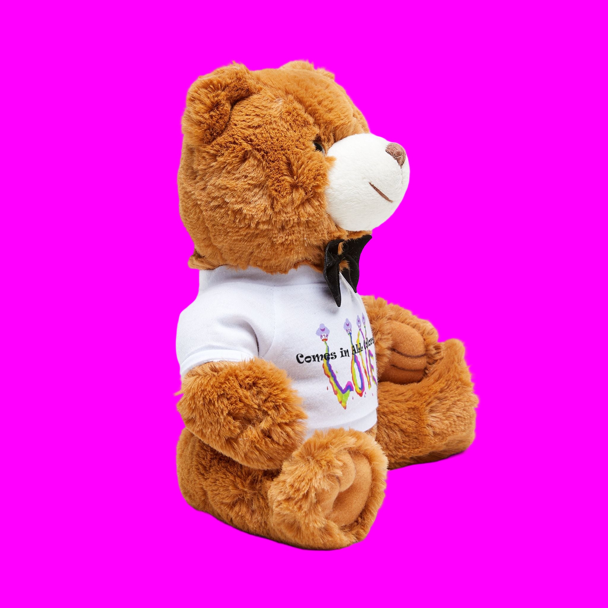 Brown teddy bear wearing a white shirt with text on a white background