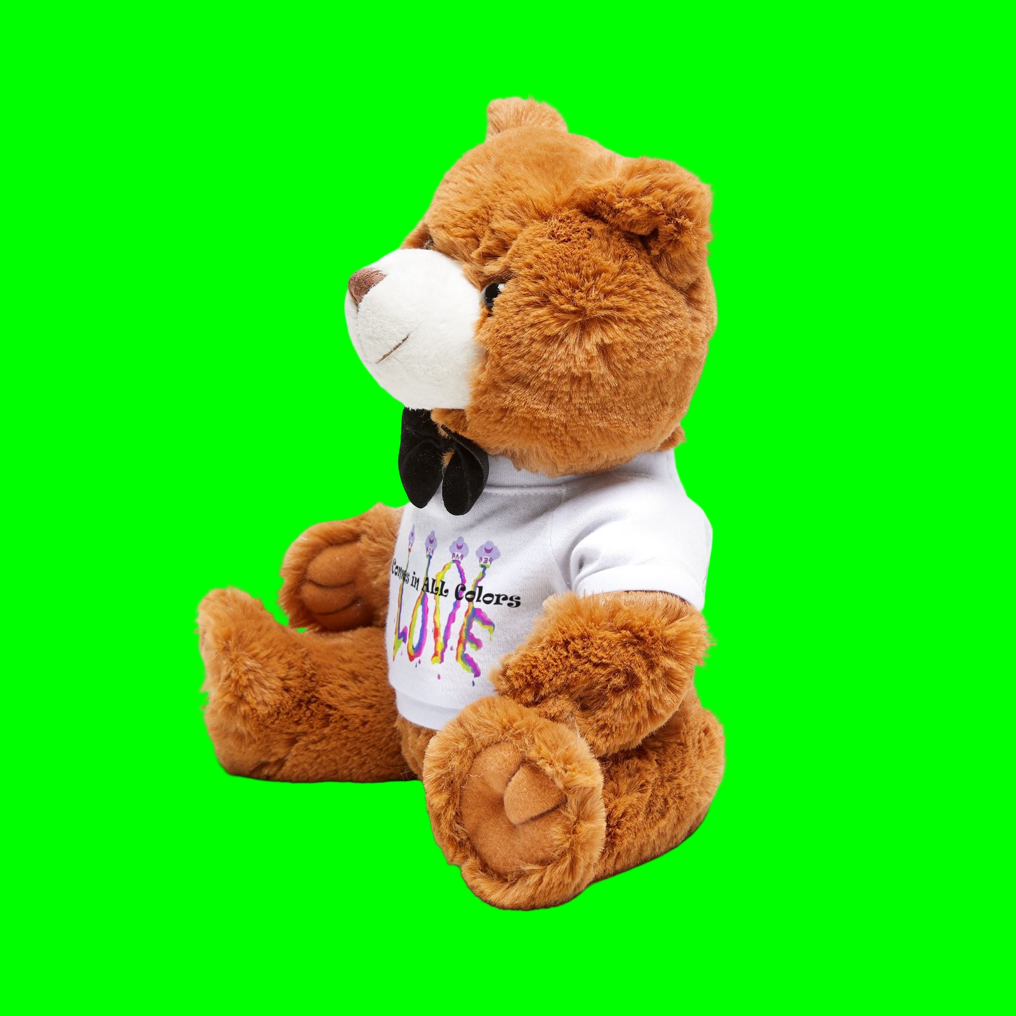 Brown teddy bear wearing a white shirt with colorful text on a white background