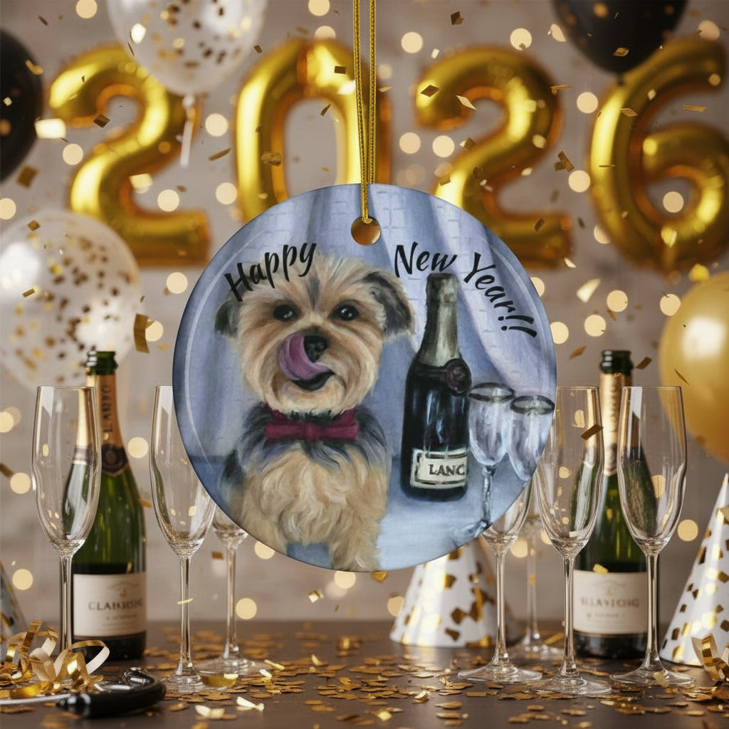 Round ceramic ornament with a Yorkshire and champagne with flutes featuring 'Happy New Year' text.