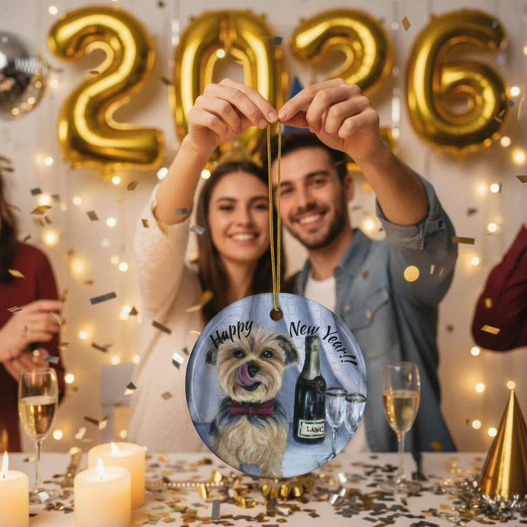 Round ceramic ornament with a dog and champagne bottle design, featuring 'Happy New Year' text.