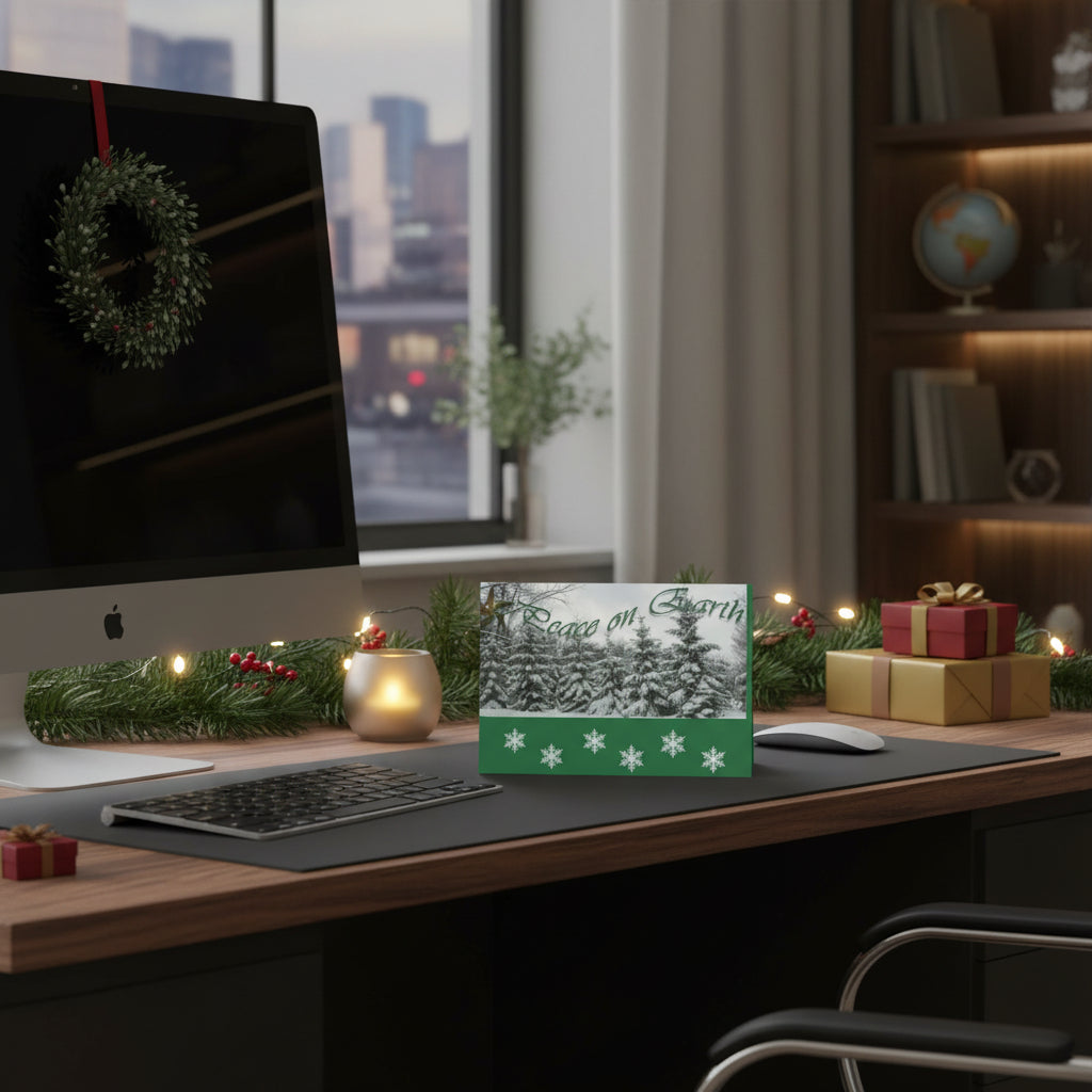 Christmas card with snowy trees and 'Peace on Earth' text on a green border.