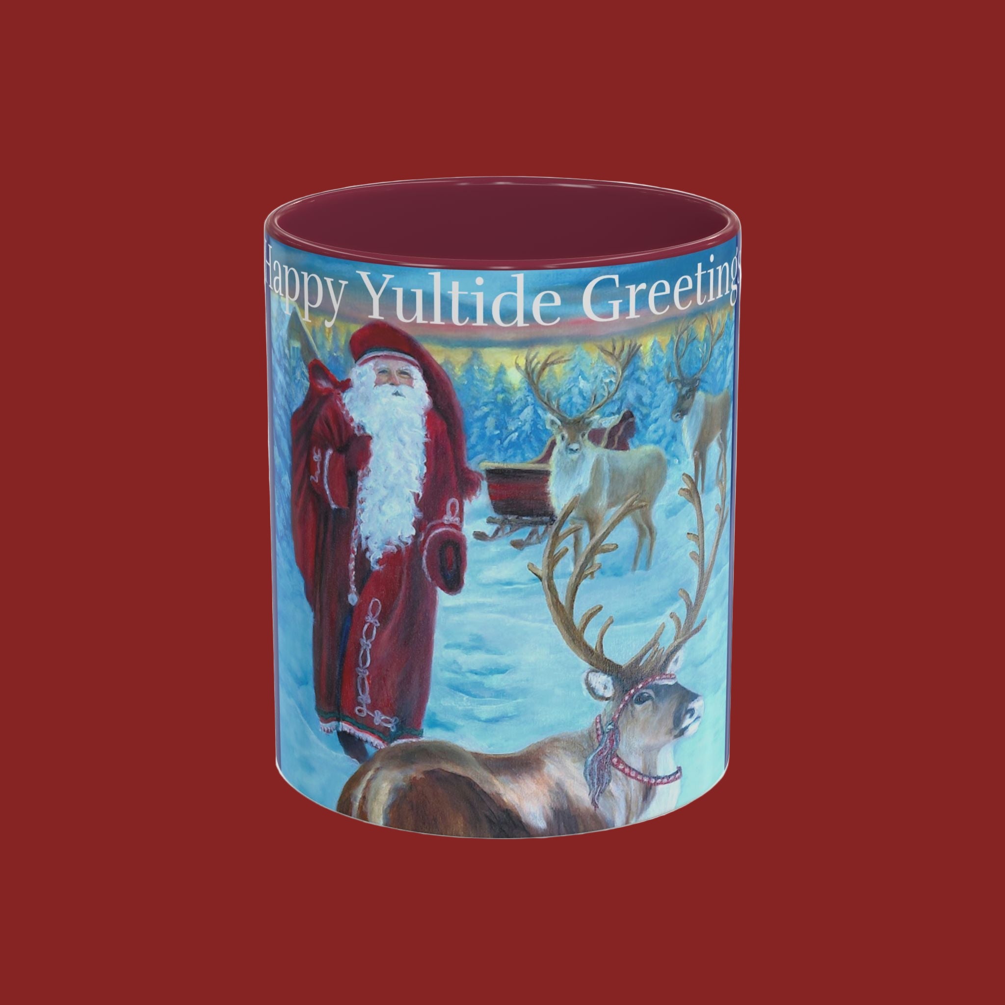 Tumbler with Santa Claus and reindeer design on a red background
