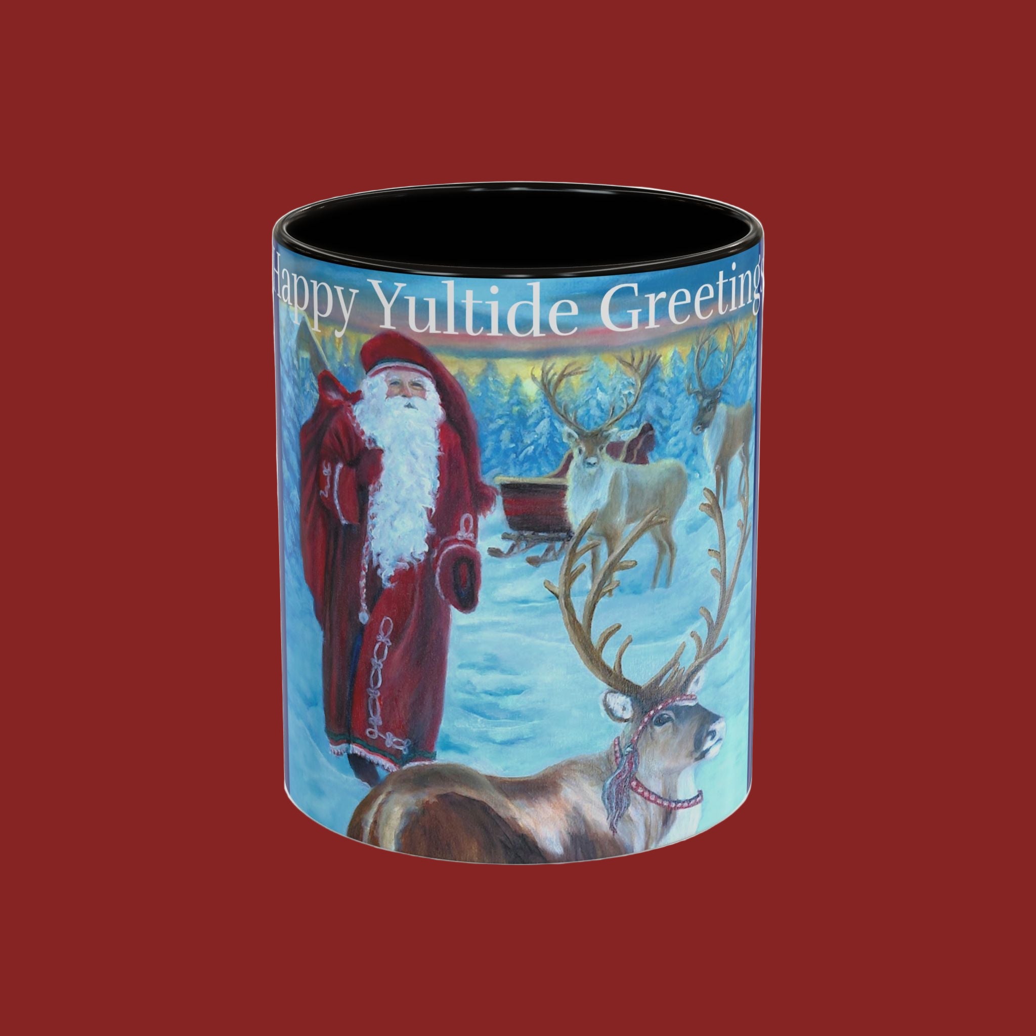 Mug with Santa Claus and reindeer design on a white background