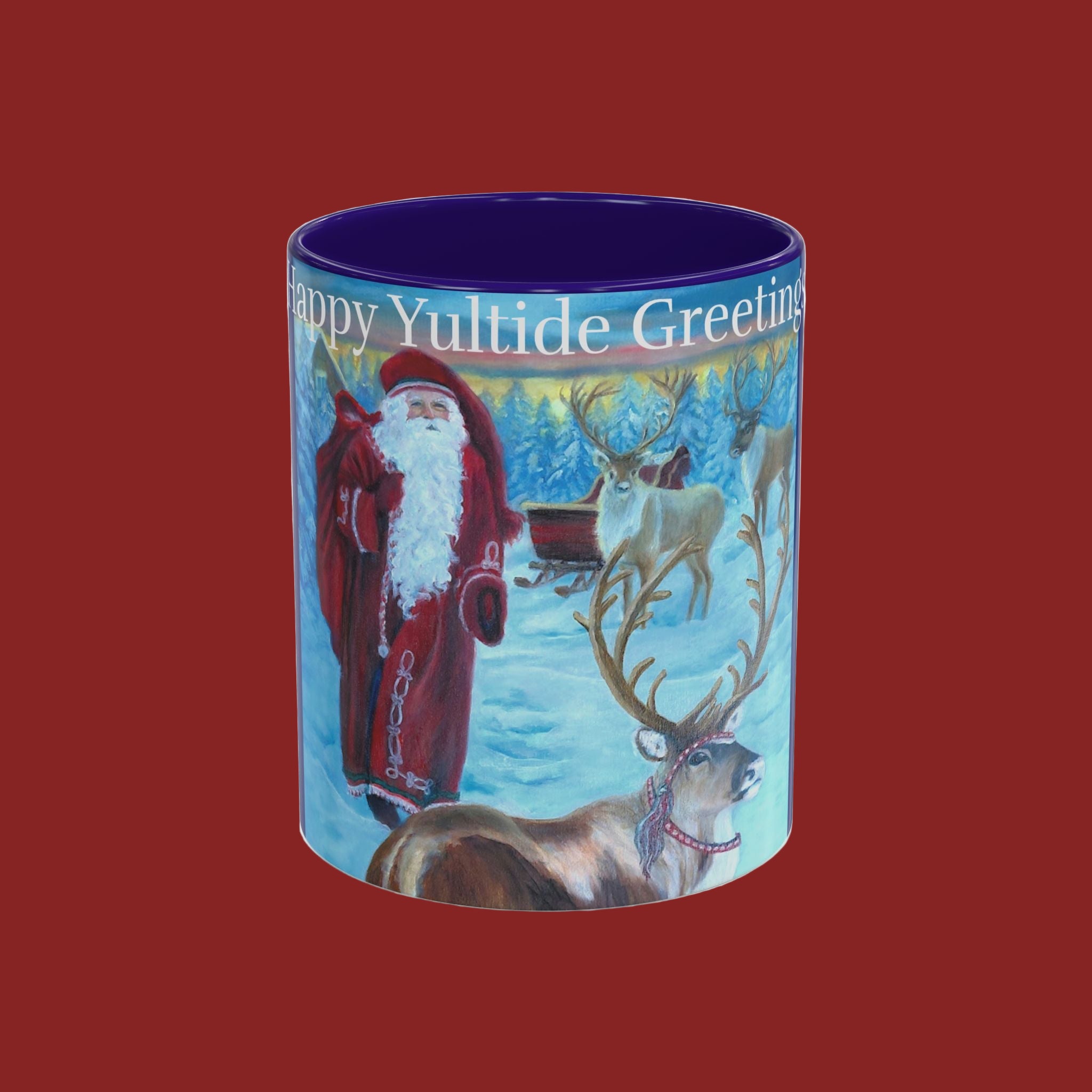 Mug with Santa Claus and reindeer design on a red background