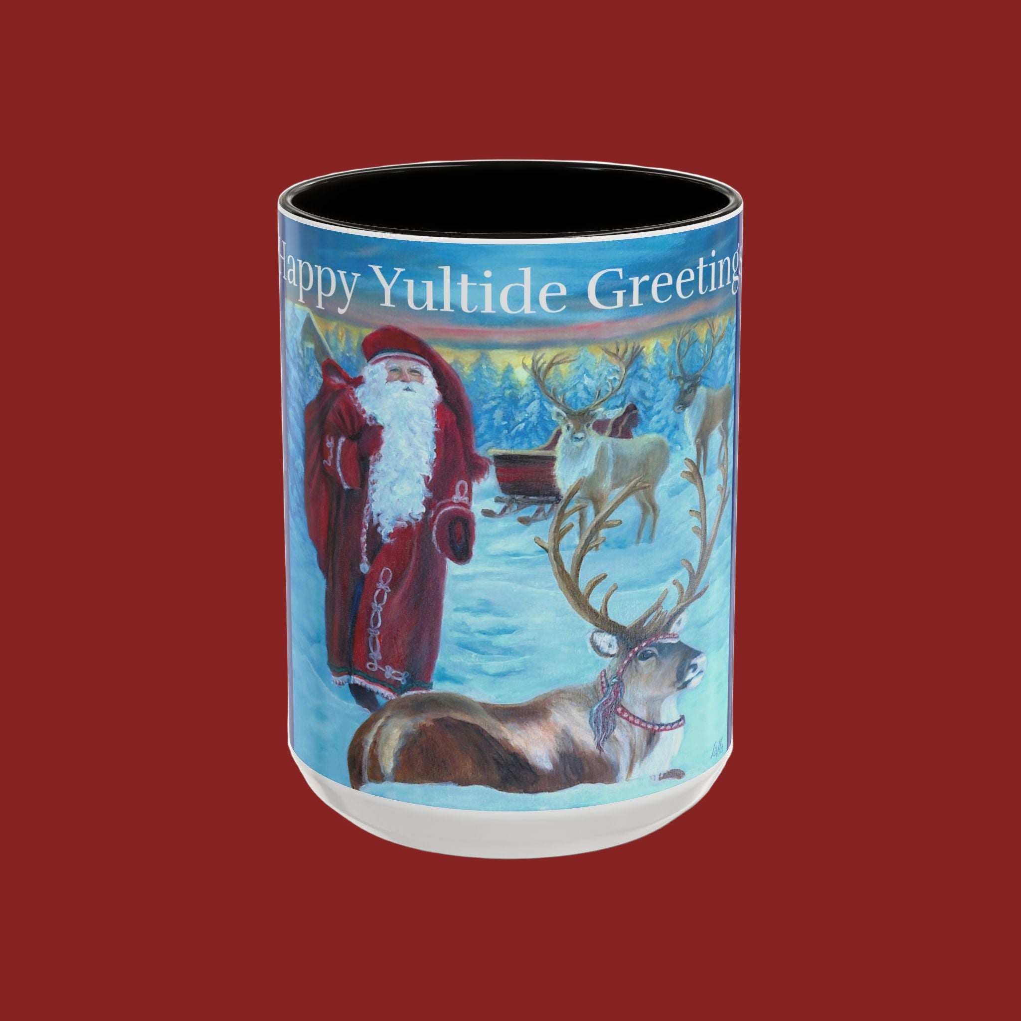 Christmas-themed mug with Santa Claus and reindeer design on a red background