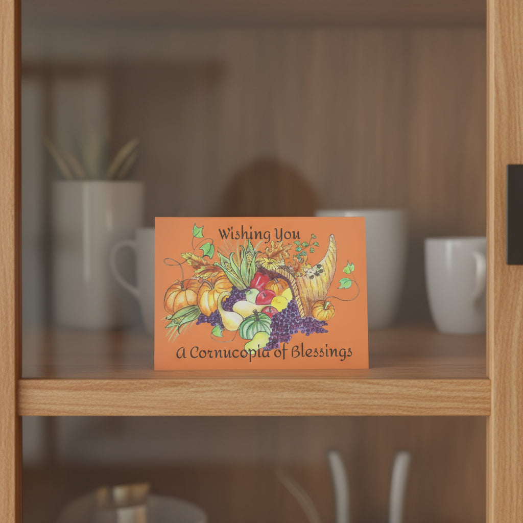 Greeting card with autumn-themed illustration and text on an orange background