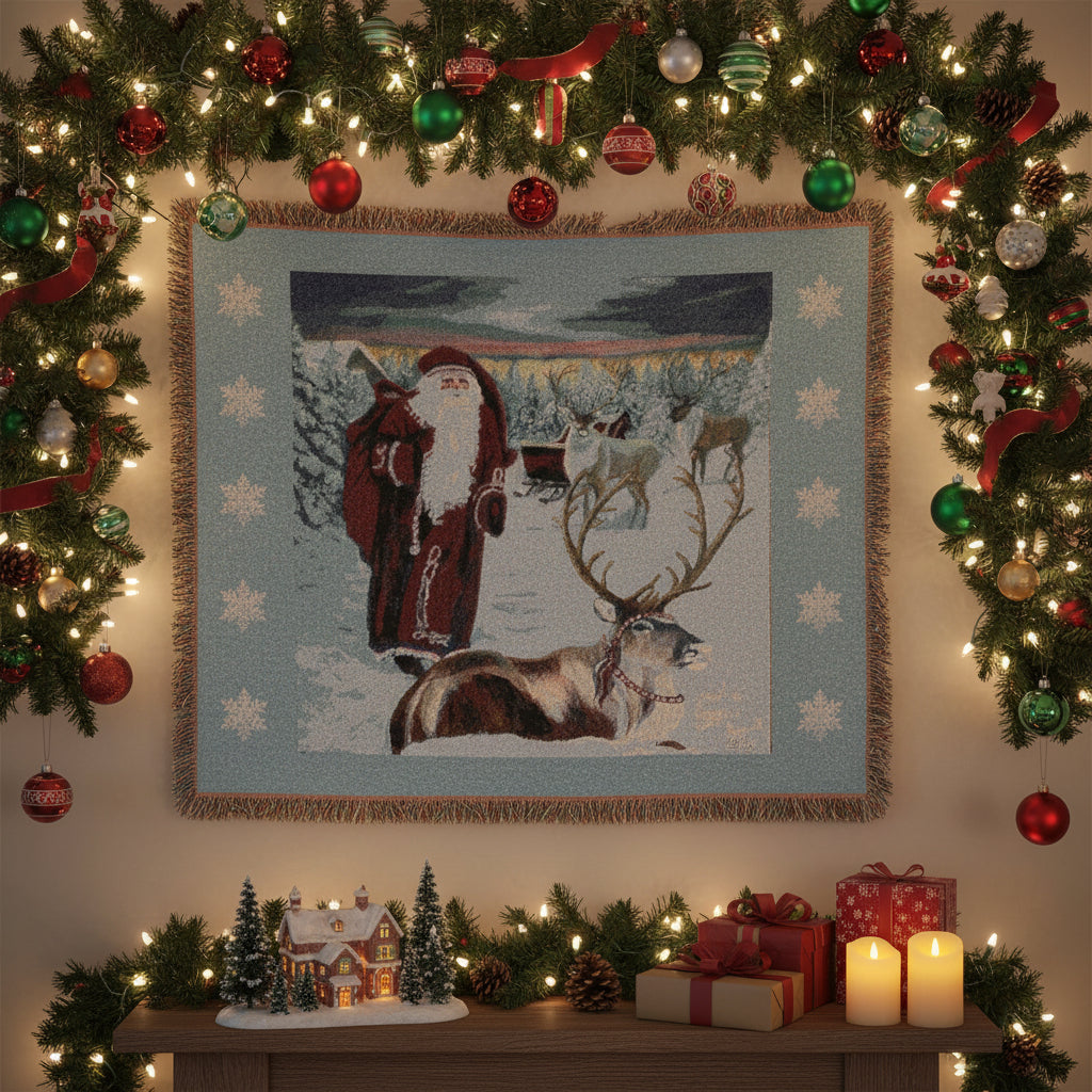Woven blanket with Santa Claus and reindeer design on a snowy landscape