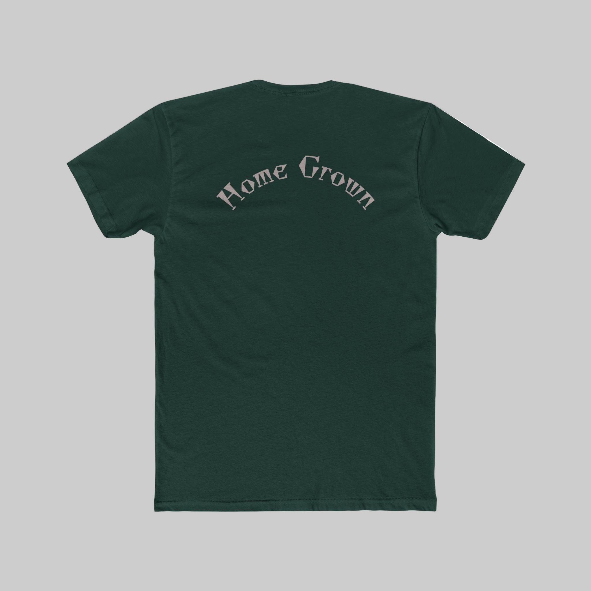 Green t-shirt with 'Home Grown' text on the back against a light background