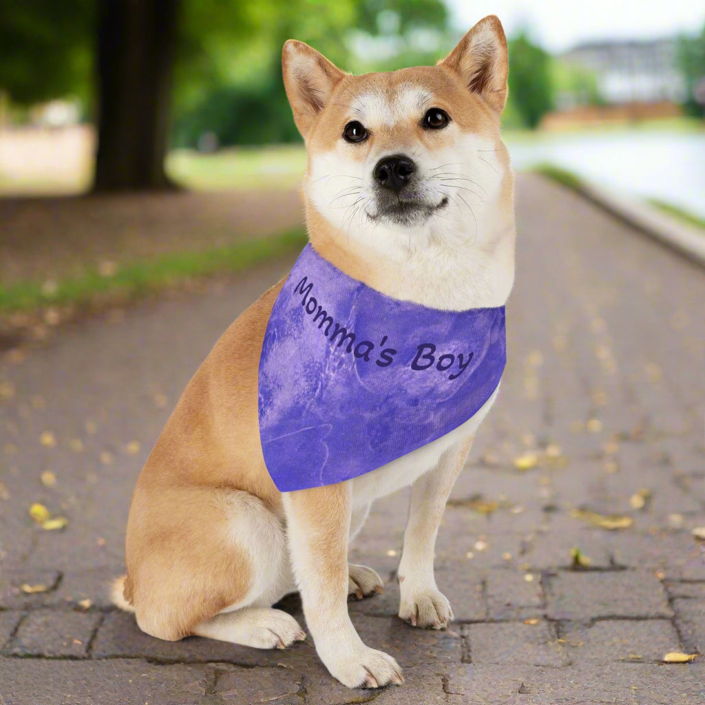 Dog wearing a blue bandana with 'Momma's Boy' text in a park