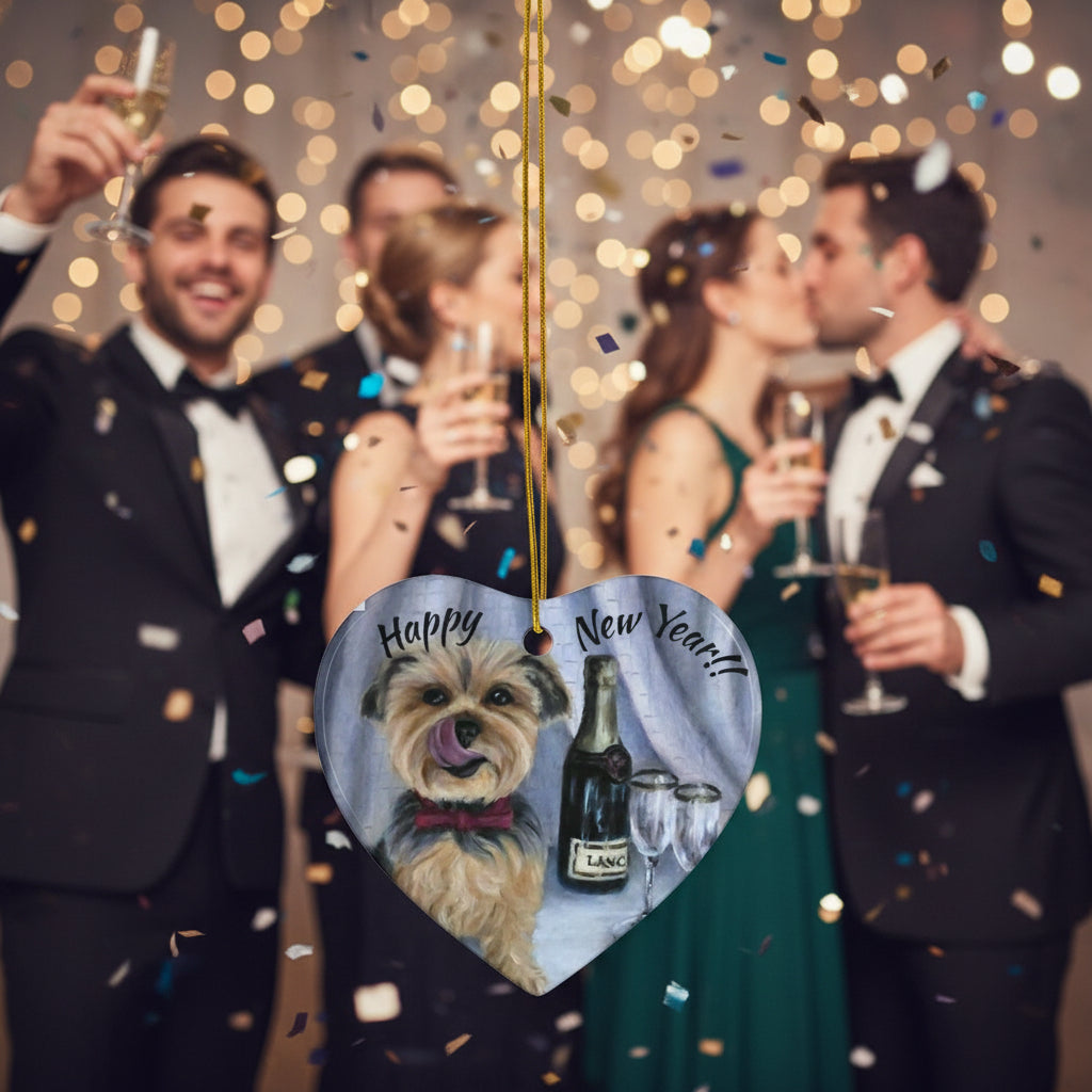 Heart-shaped ornament with a dog and champagne bottle and glasses, featuring 'Happy New Year' text.
