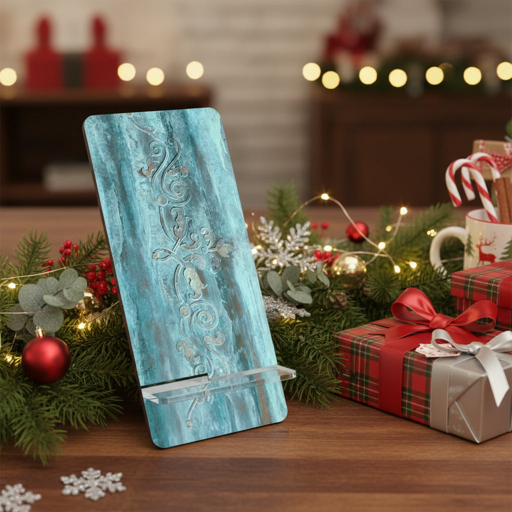 Decorative blue phone stand with intricate patterns on a light background