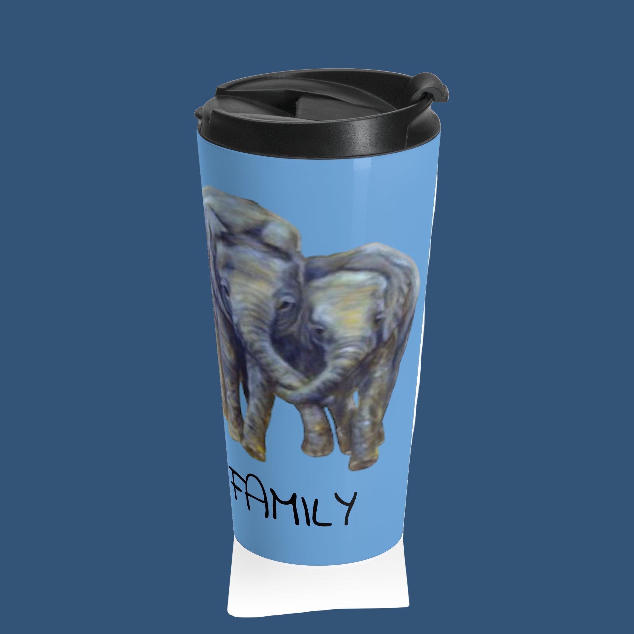 Travel mug with an elephant design and 'family' text on a blue background