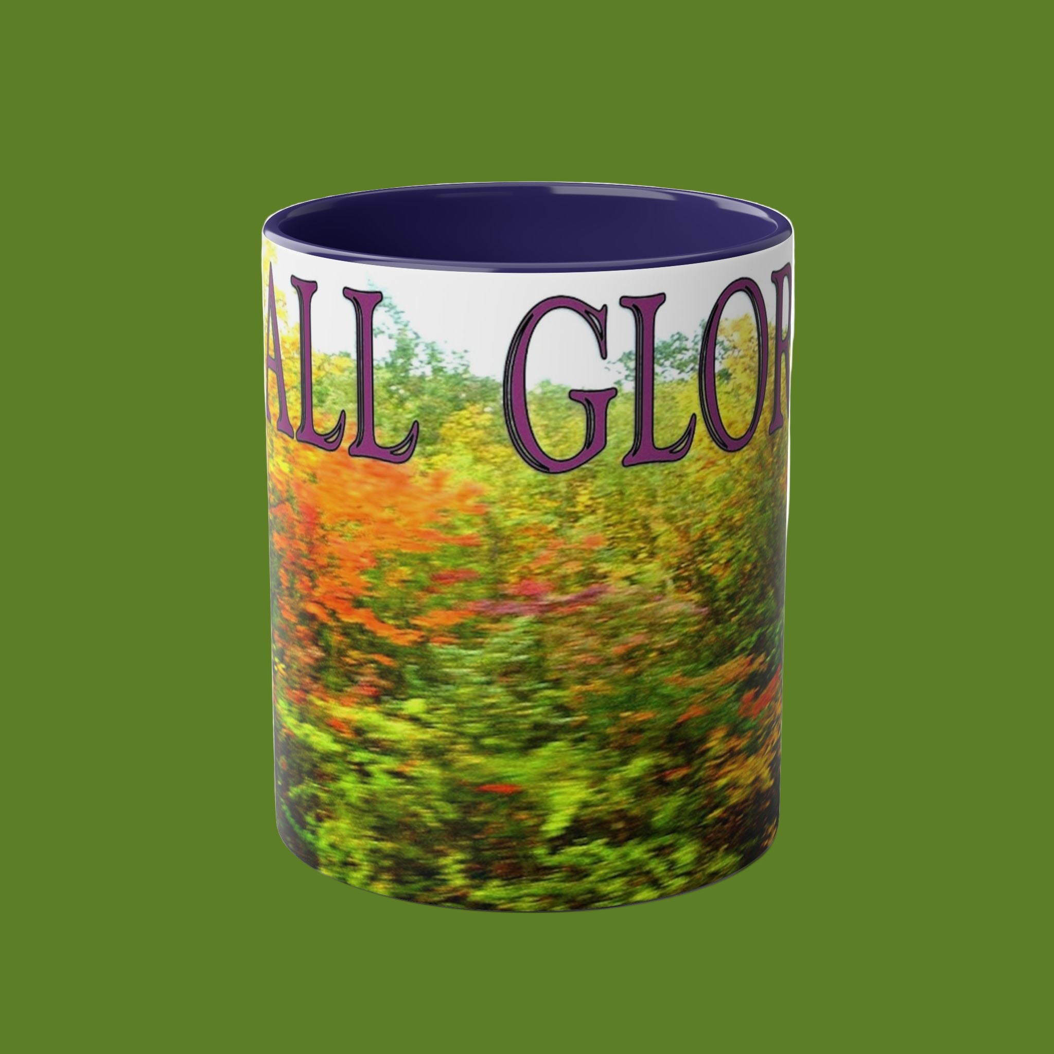 Mug with nature-themed design and 'Fall Glory' text on a green background