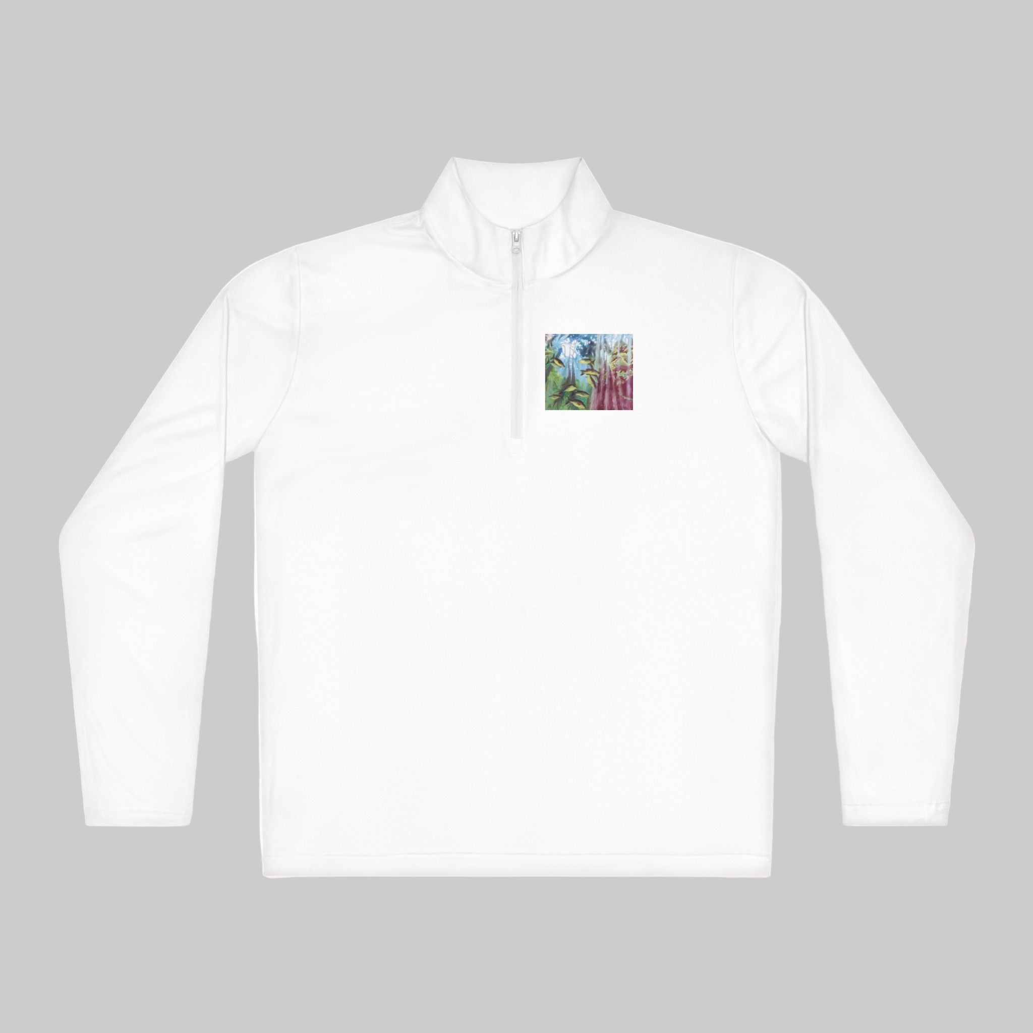 White shirt with a small colorful patch on a white background