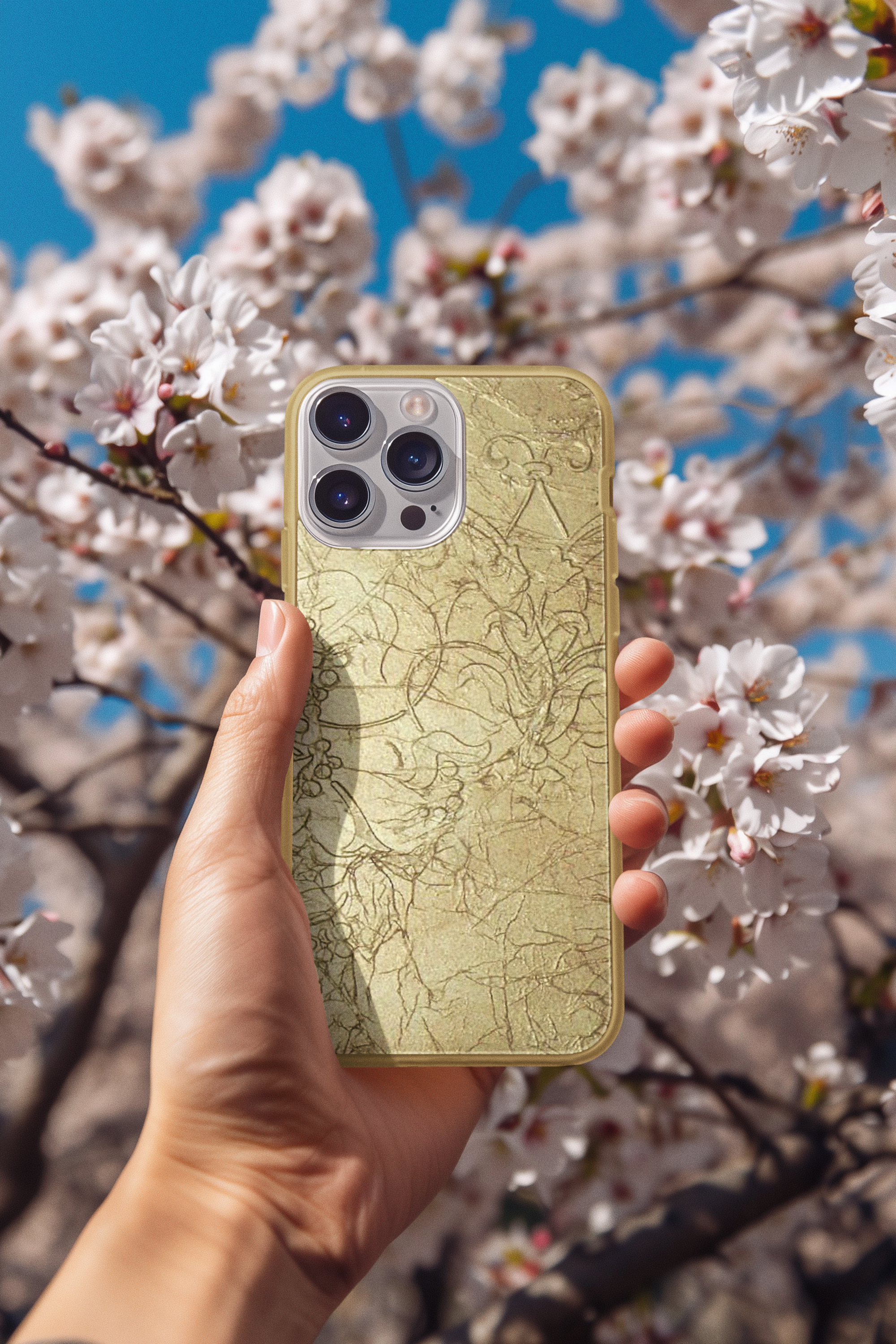 Hand holding a gold phone case with floral design against a cherry blossom background